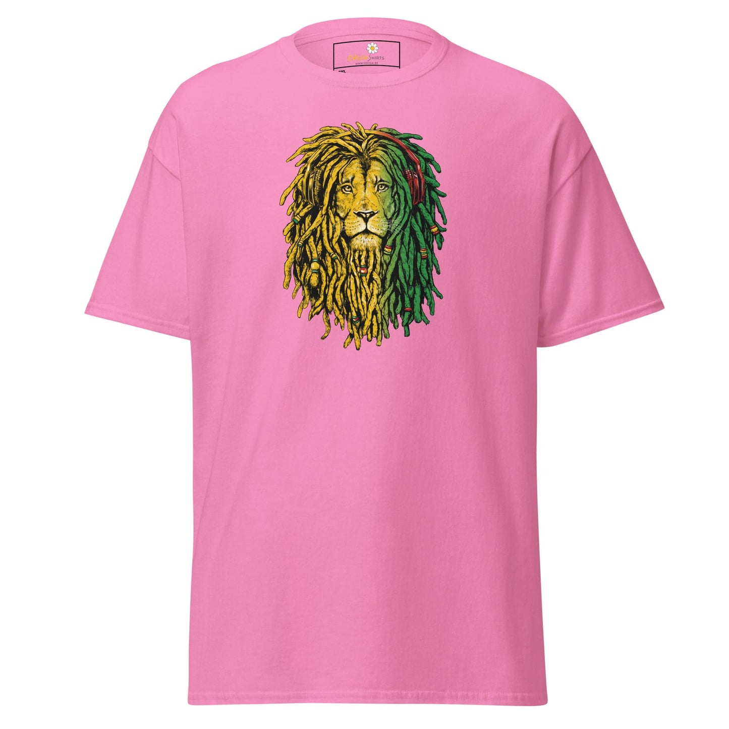 Pink t-shirt with lion graphic.