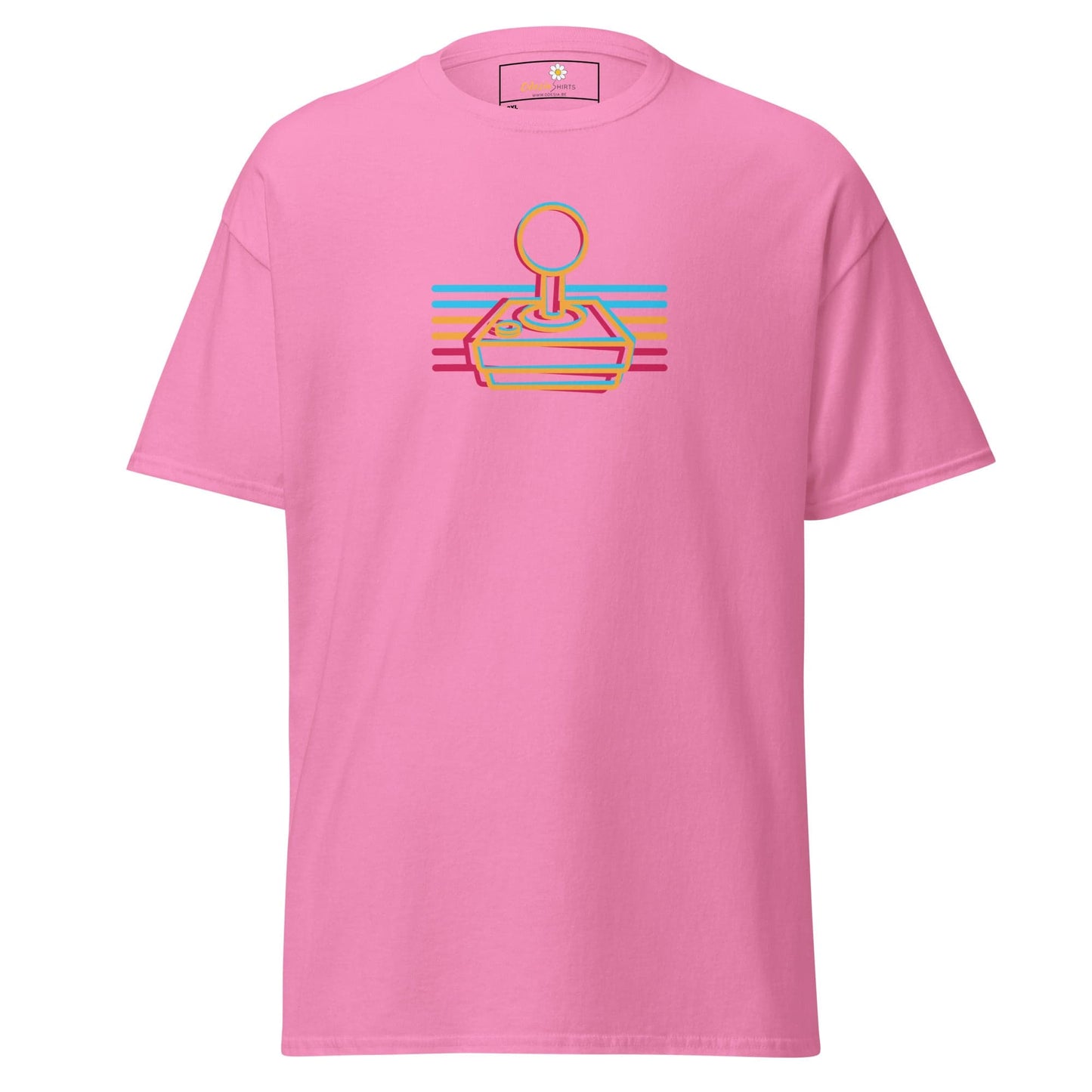 Pink t-shirt with a retro joystick design.