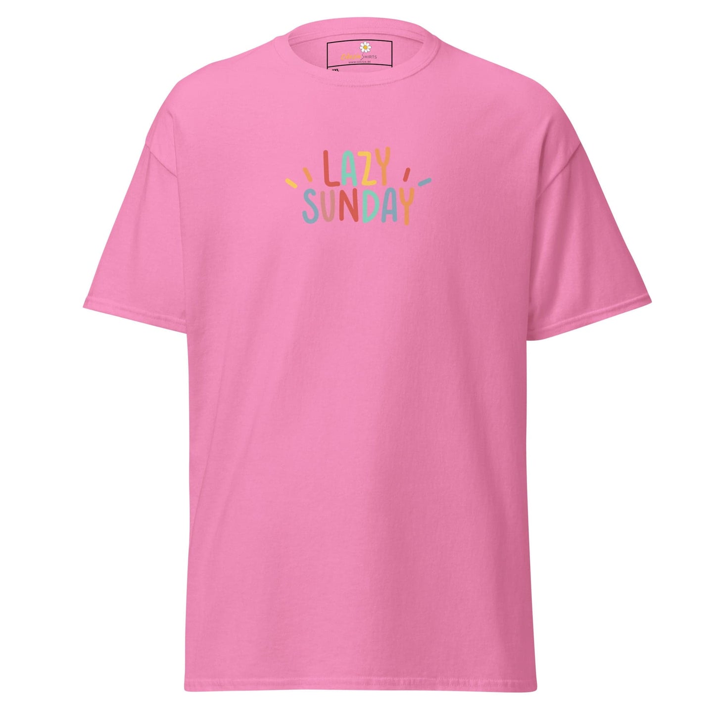 Pink t-shirt with ’Lazy Sunday’ text.