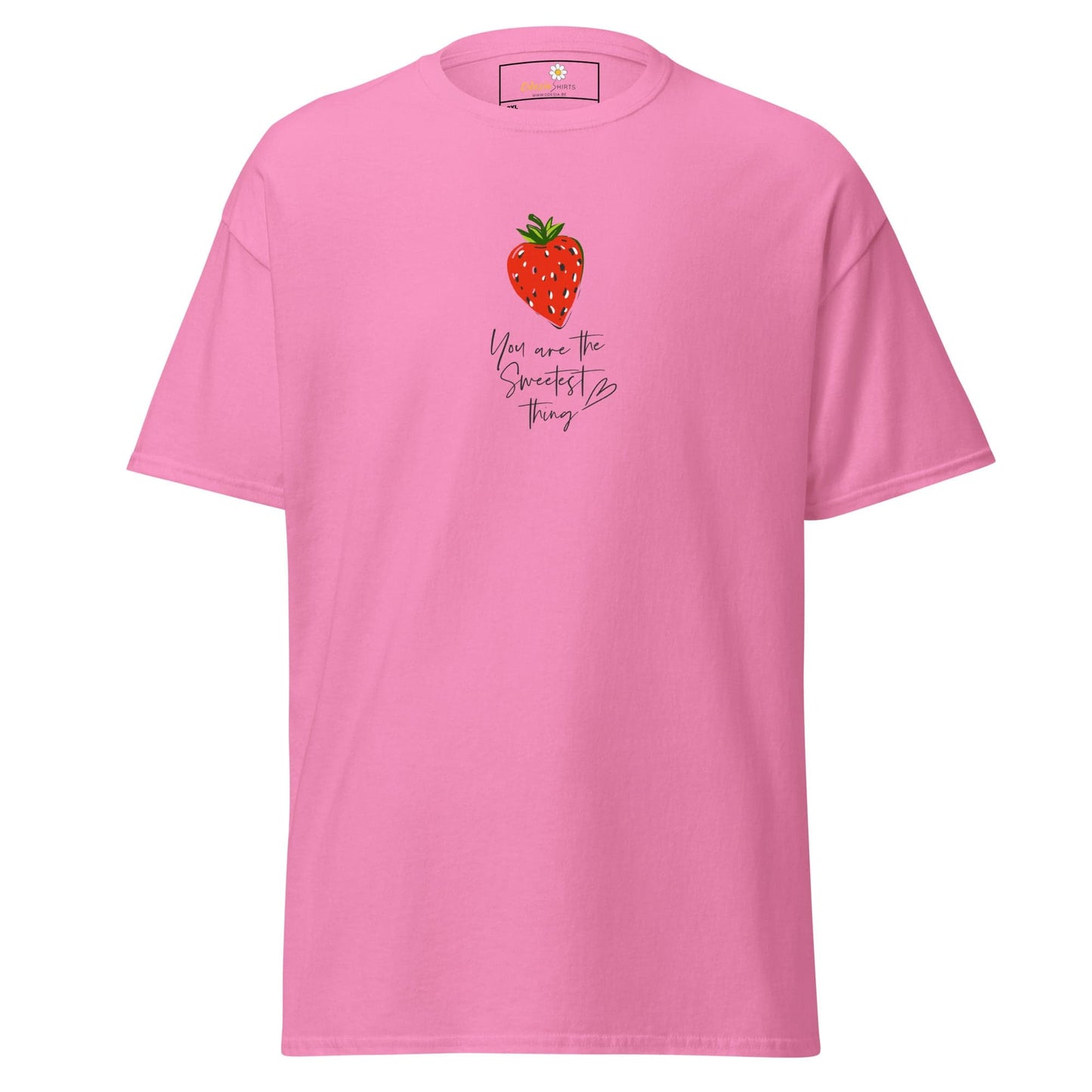 Pink t-shirt with strawberry graphic.