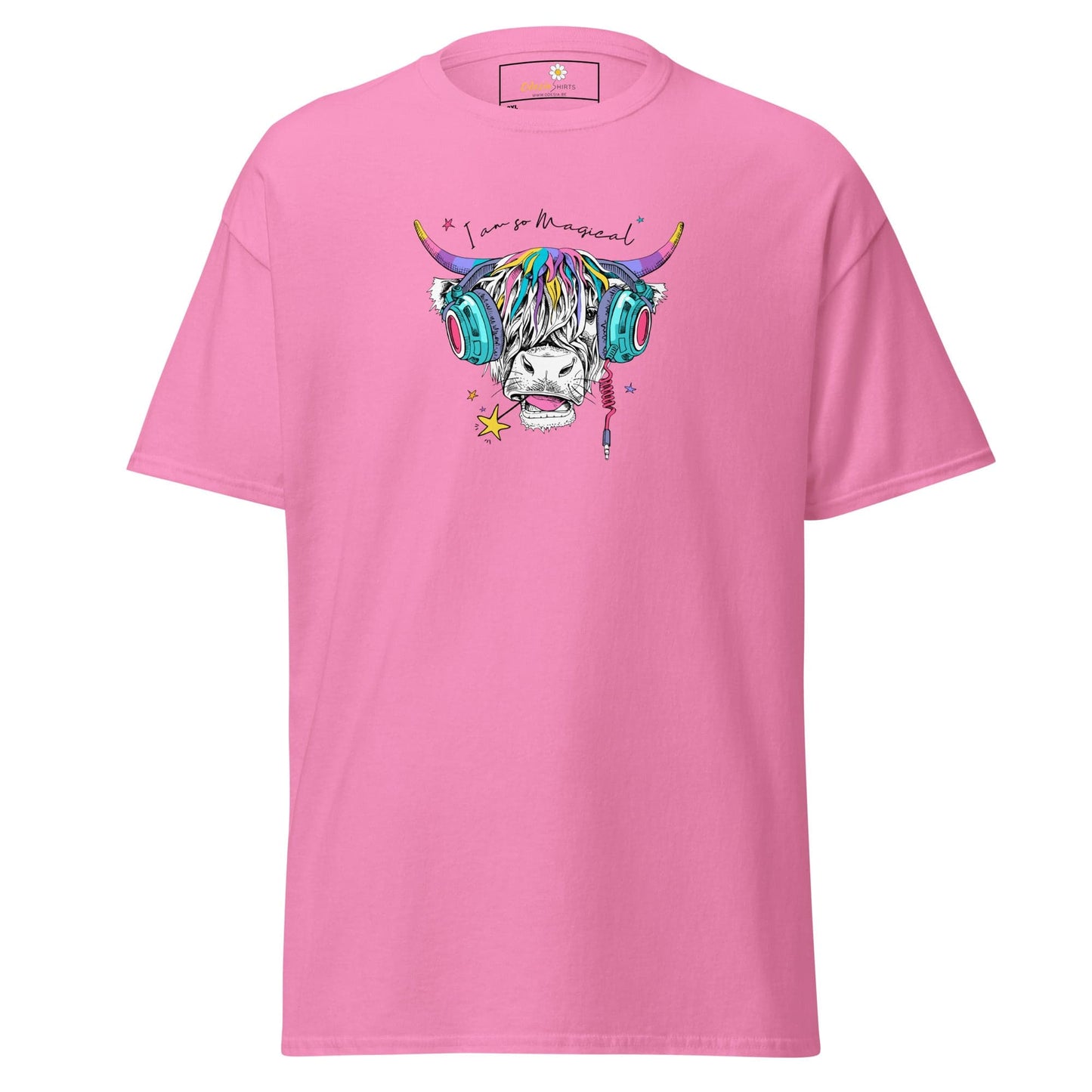 Pink t-shirt with cow graphic.