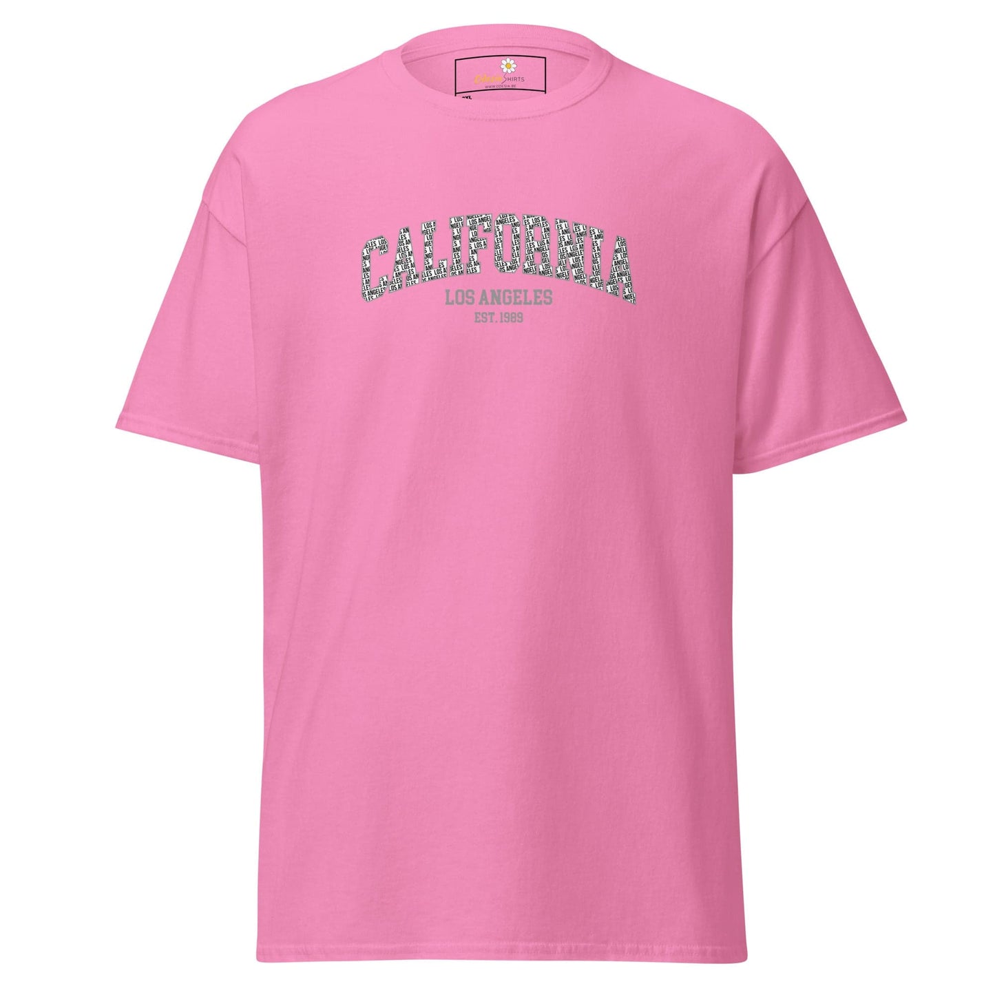 Pink t-shirt with ’California’ and ’Los Angeles’ text.
