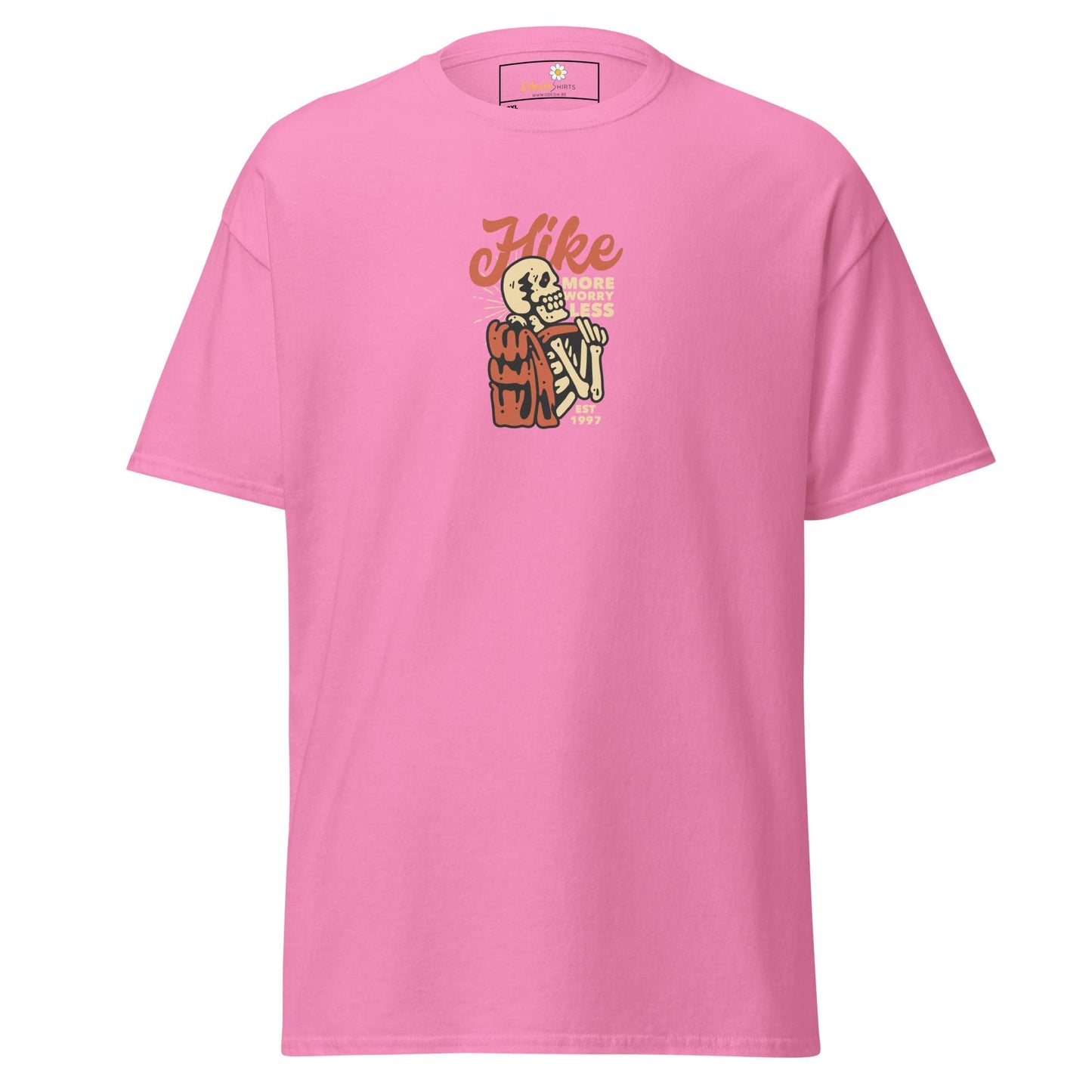 Pink t-shirt with skeleton hiker graphic.
