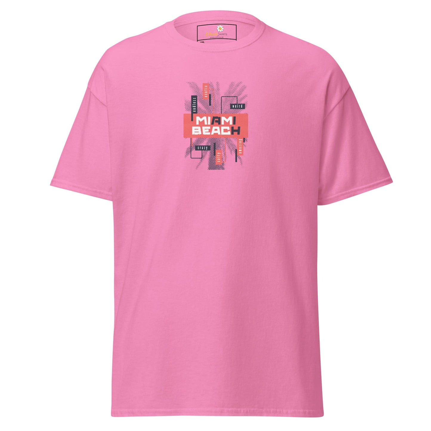 Pink Miami Beach T-shirt displayed in T-SHIRT DESIGN TEE for Men and Women sizes 2XL-5XL