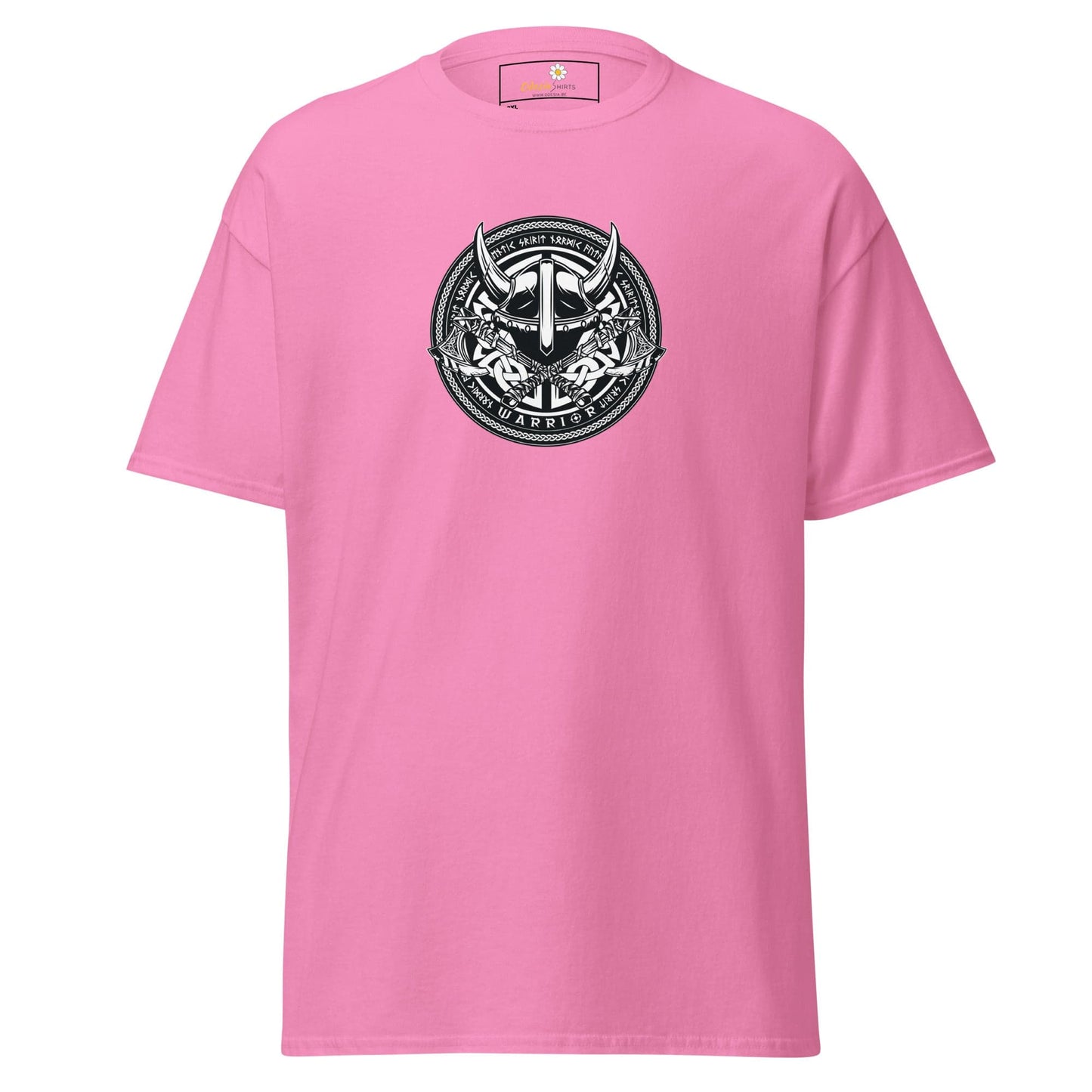 Pink t-shirt with Viking helmet graphic.