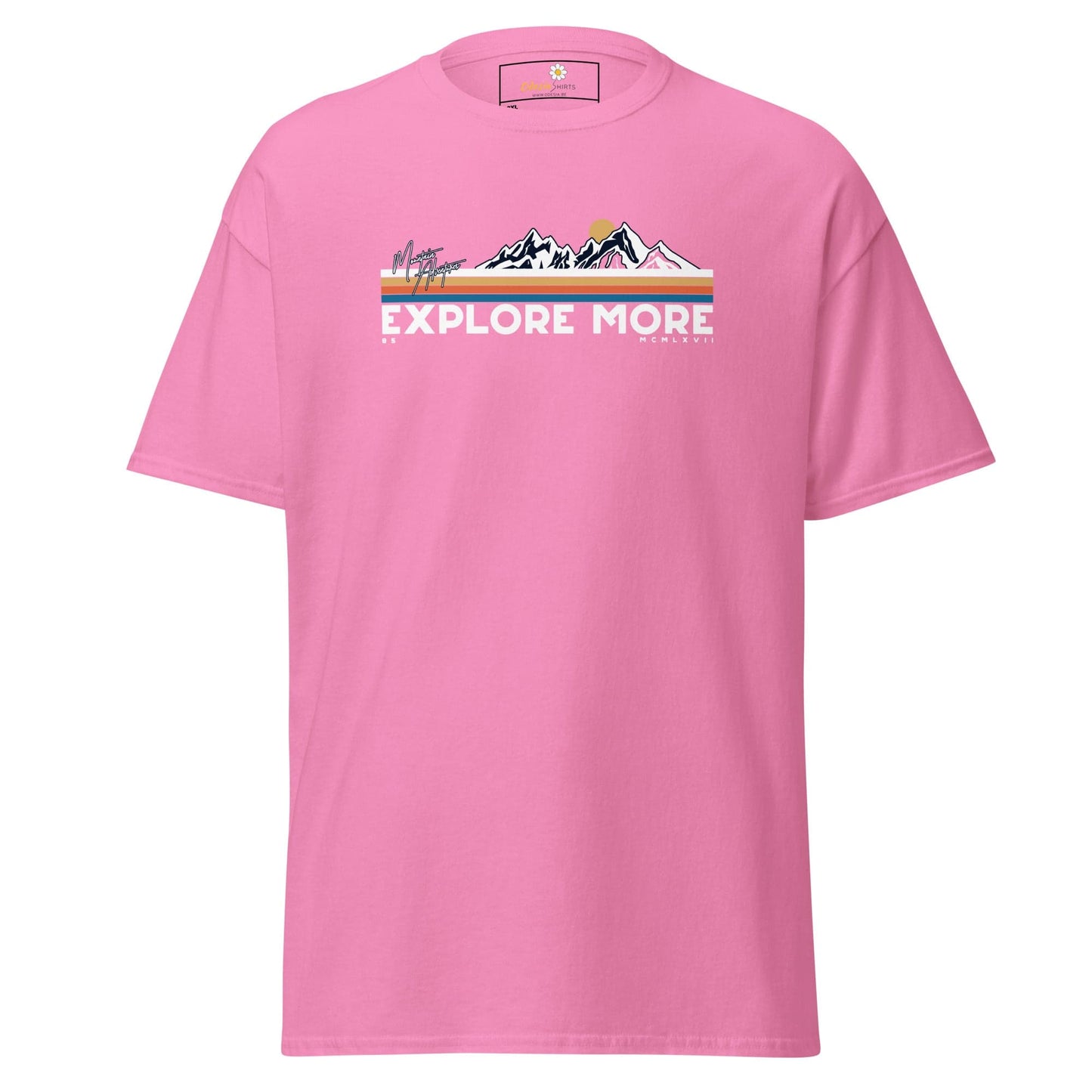 Pink t-shirt with mountain graphic.
