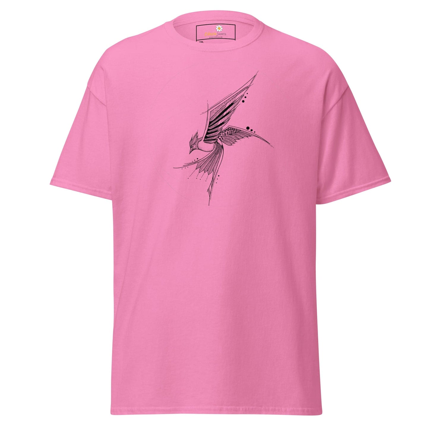 Pink T-shirt with bird design for men and women in sizes 2XL to 5XL