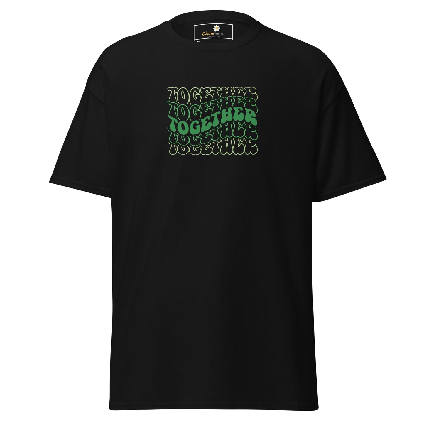 Black T-shirt with Together text, available in men and women sizes from 2XL to 5XL