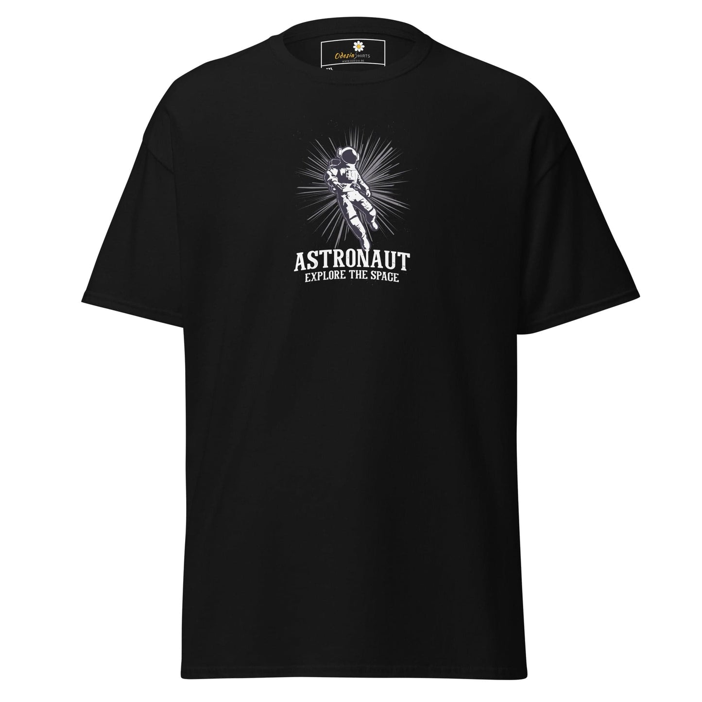 Black astronaut T-shirt displayed in men’s and women’s design available in 2XL to 5XL sizes