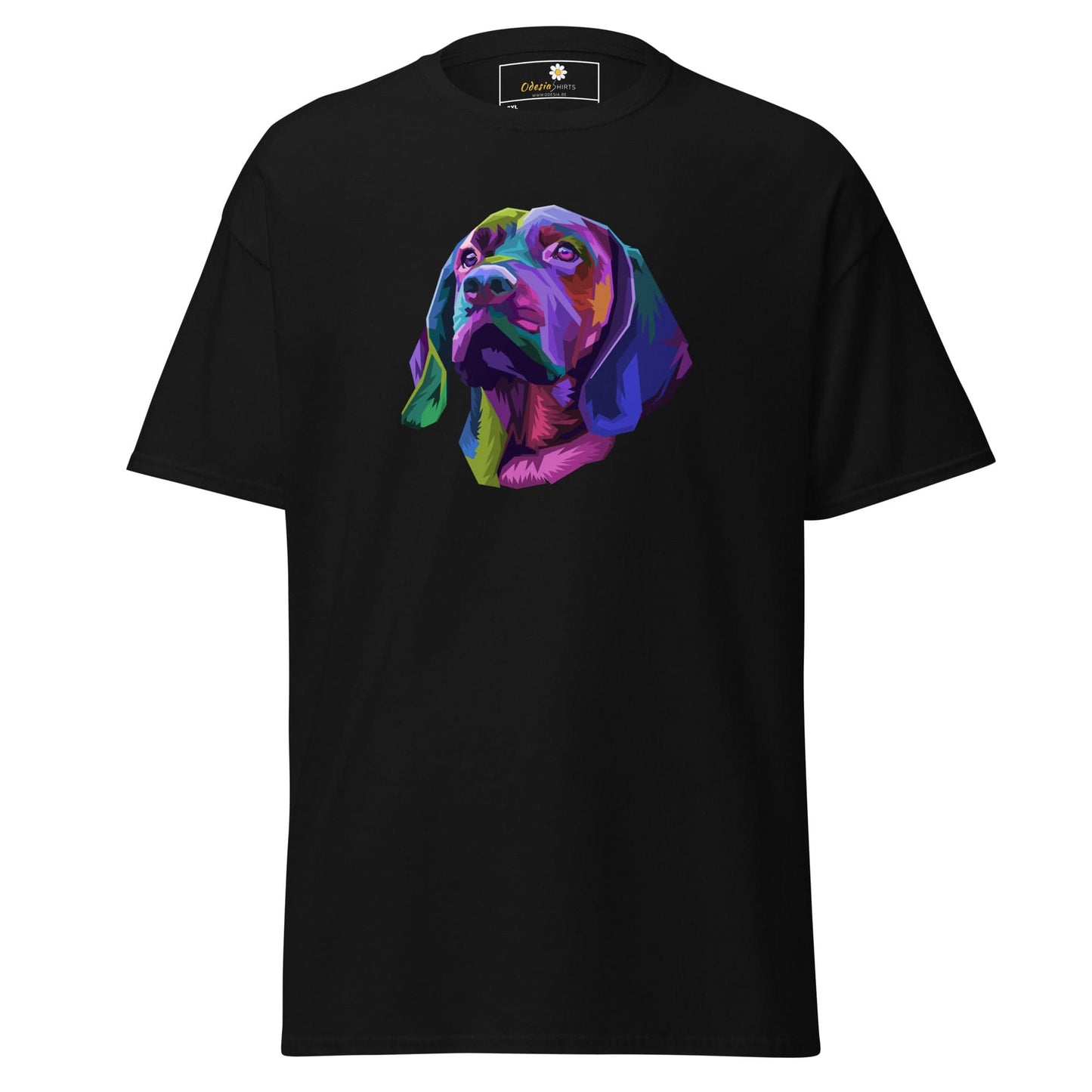 Black T-shirt with colorful dog graphic for Men and Women in 2XL to 5XL sizes