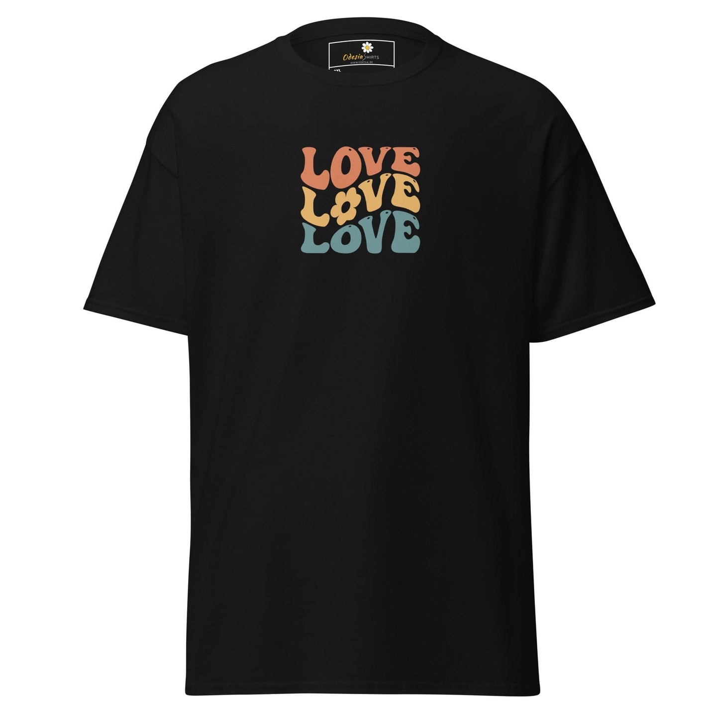 Black t-shirt with stacked ’LOVE’ text.