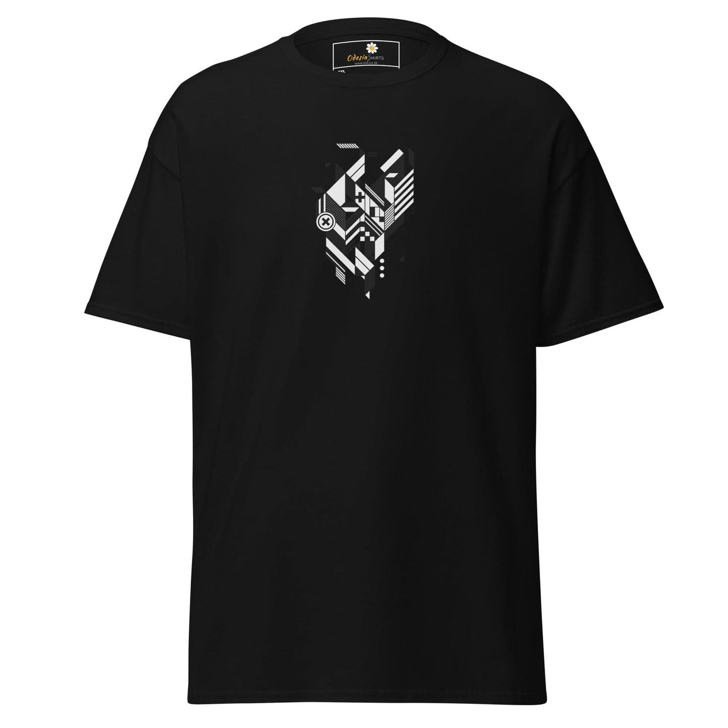 Black t-shirt with geometric design.