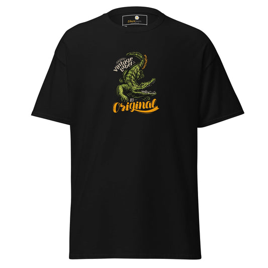 Black t-shirt with crocodile graphic.