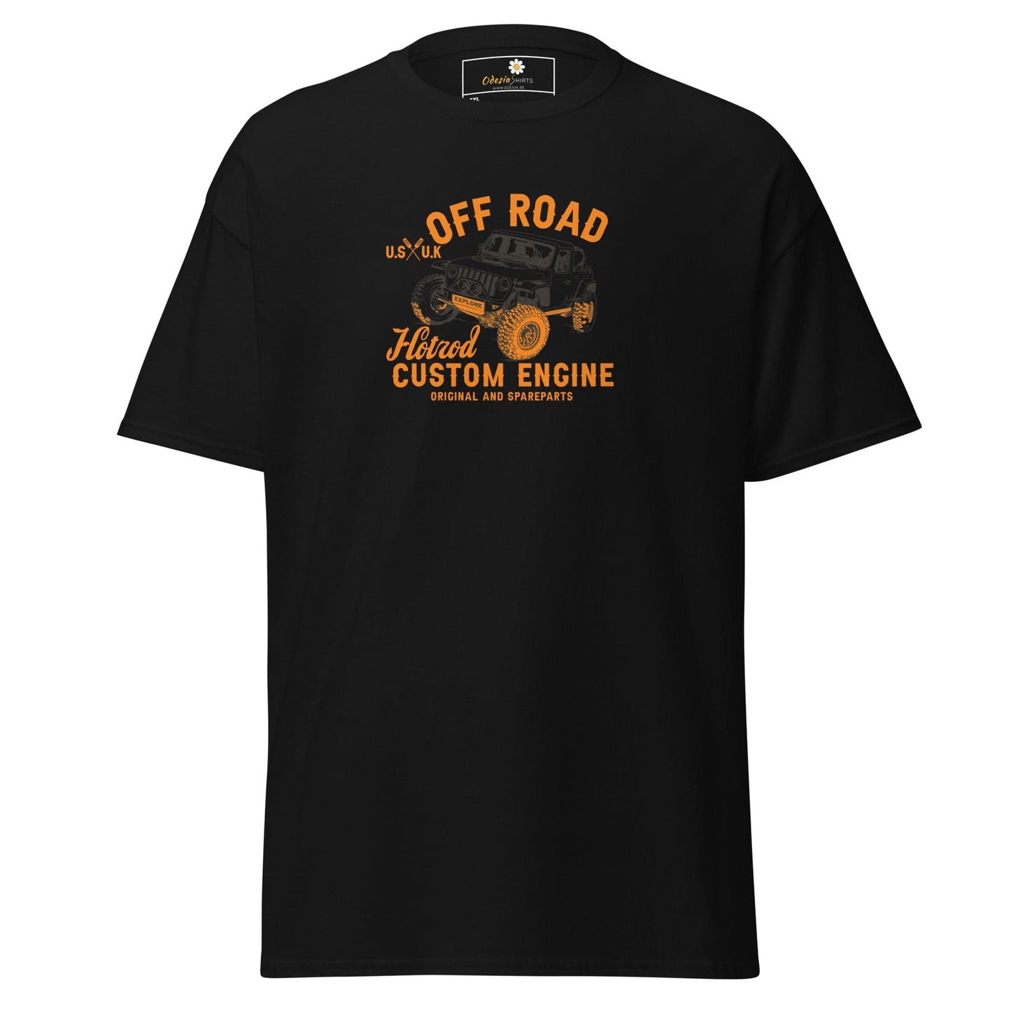 Black t-shirt with off-road vehicle graphic.