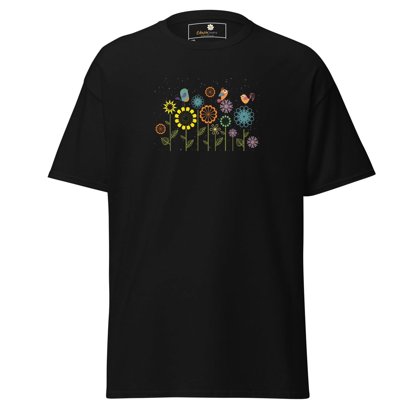 Black t-shirt with floral and bird design.