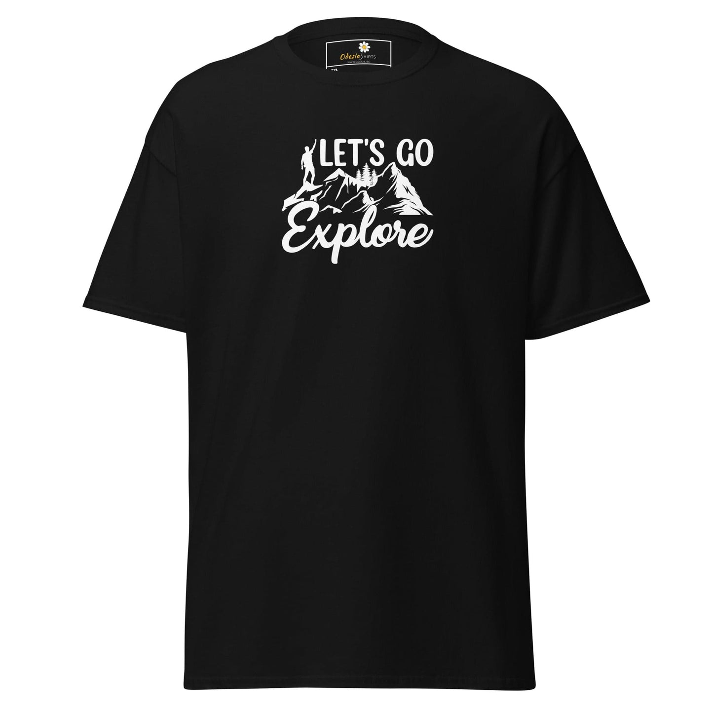 Black T-shirt with Lets Go Explore graphic for men and women in sizes 2XL to 5XL
