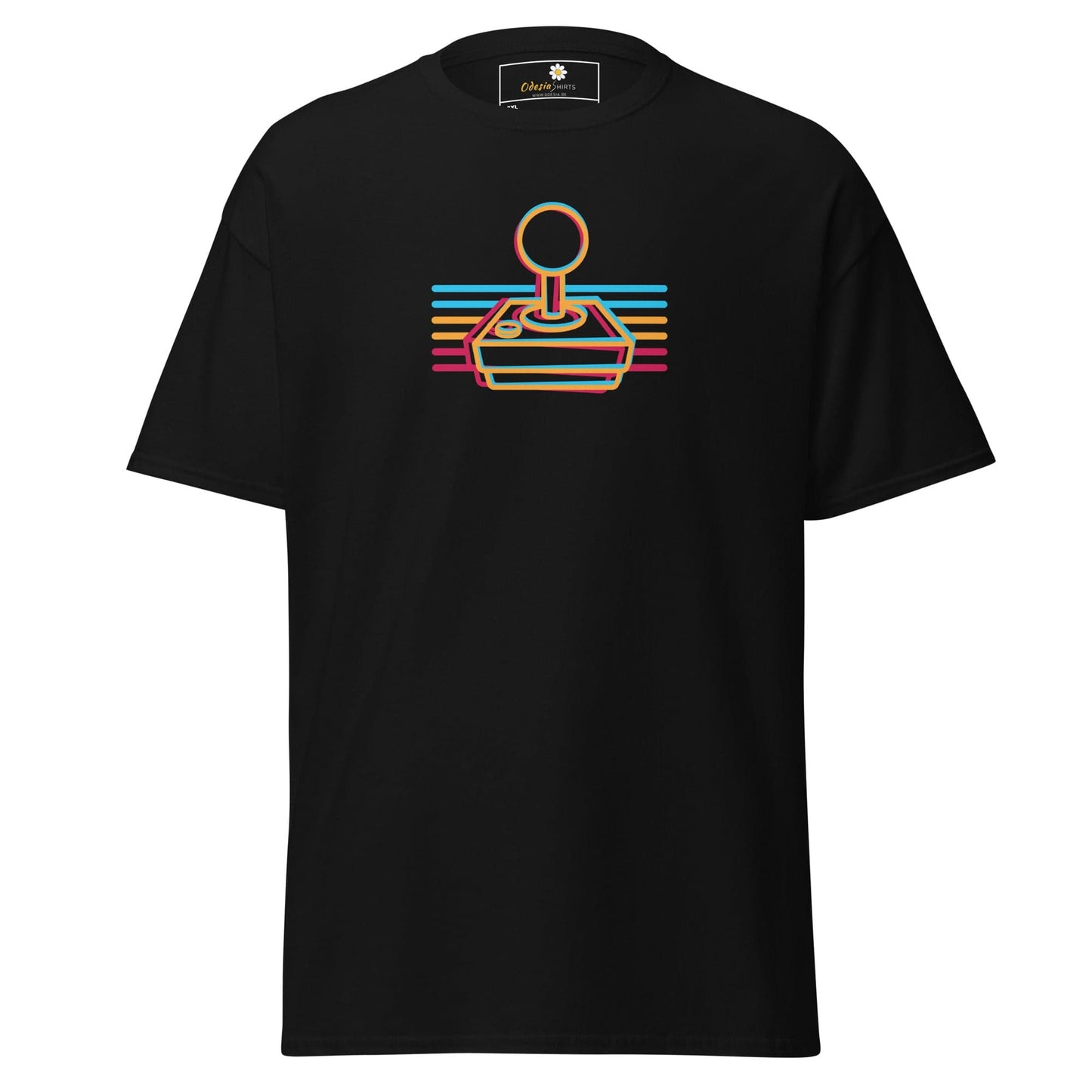 Black t-shirt with retro joystick design.