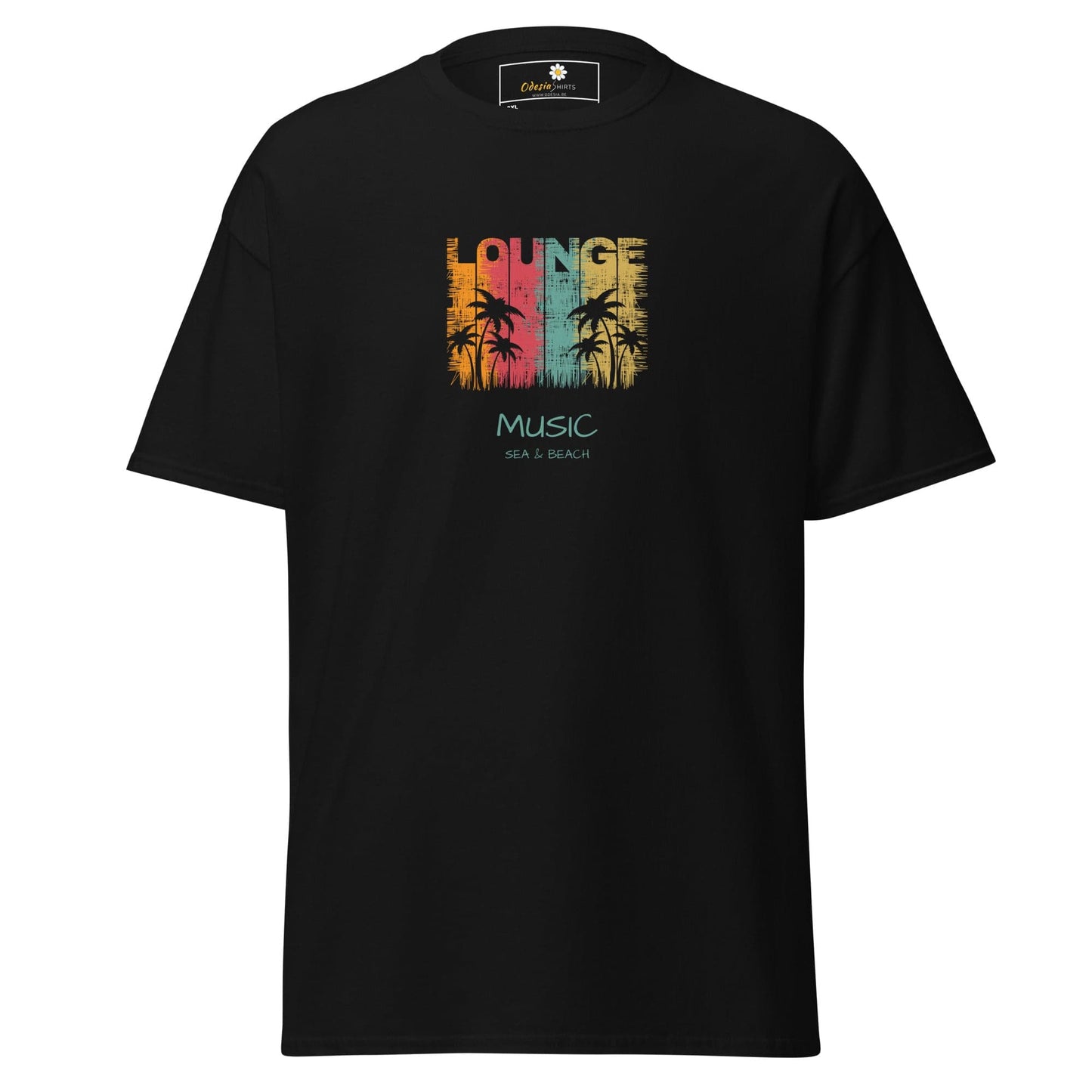 Black T-shirt featuring lounge music graphic for men and women in sizes 2XL to 5XL