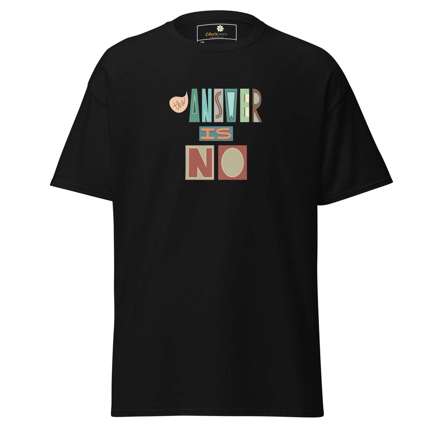 Black t-shirt with ’Answer is No’ graphic.