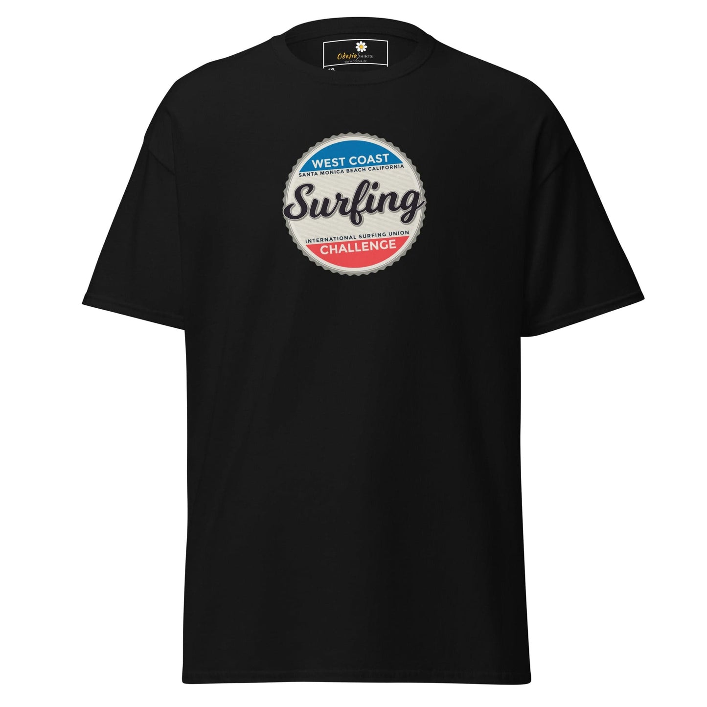 Black t-shirt with surfing graphic.