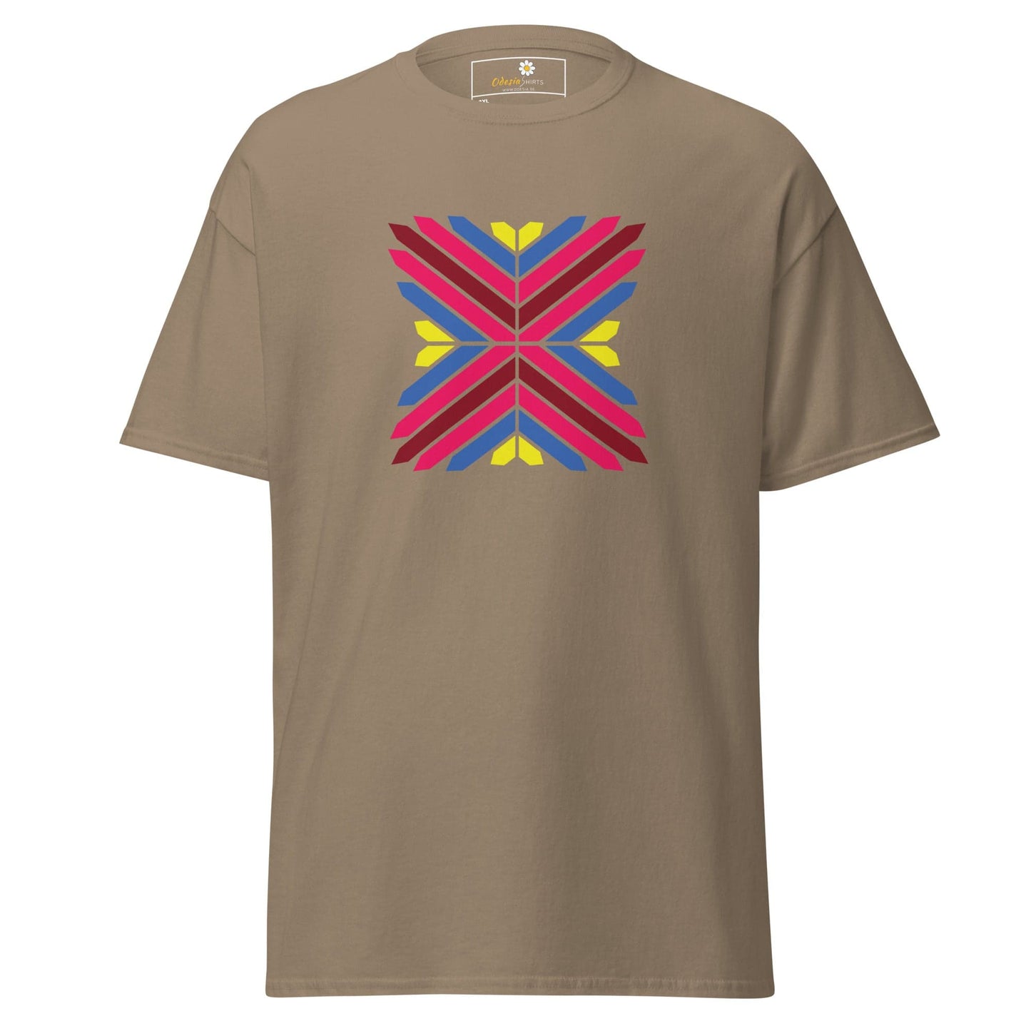 Khaki T-shirt with colorful geometric design for Men and Women in large sizes