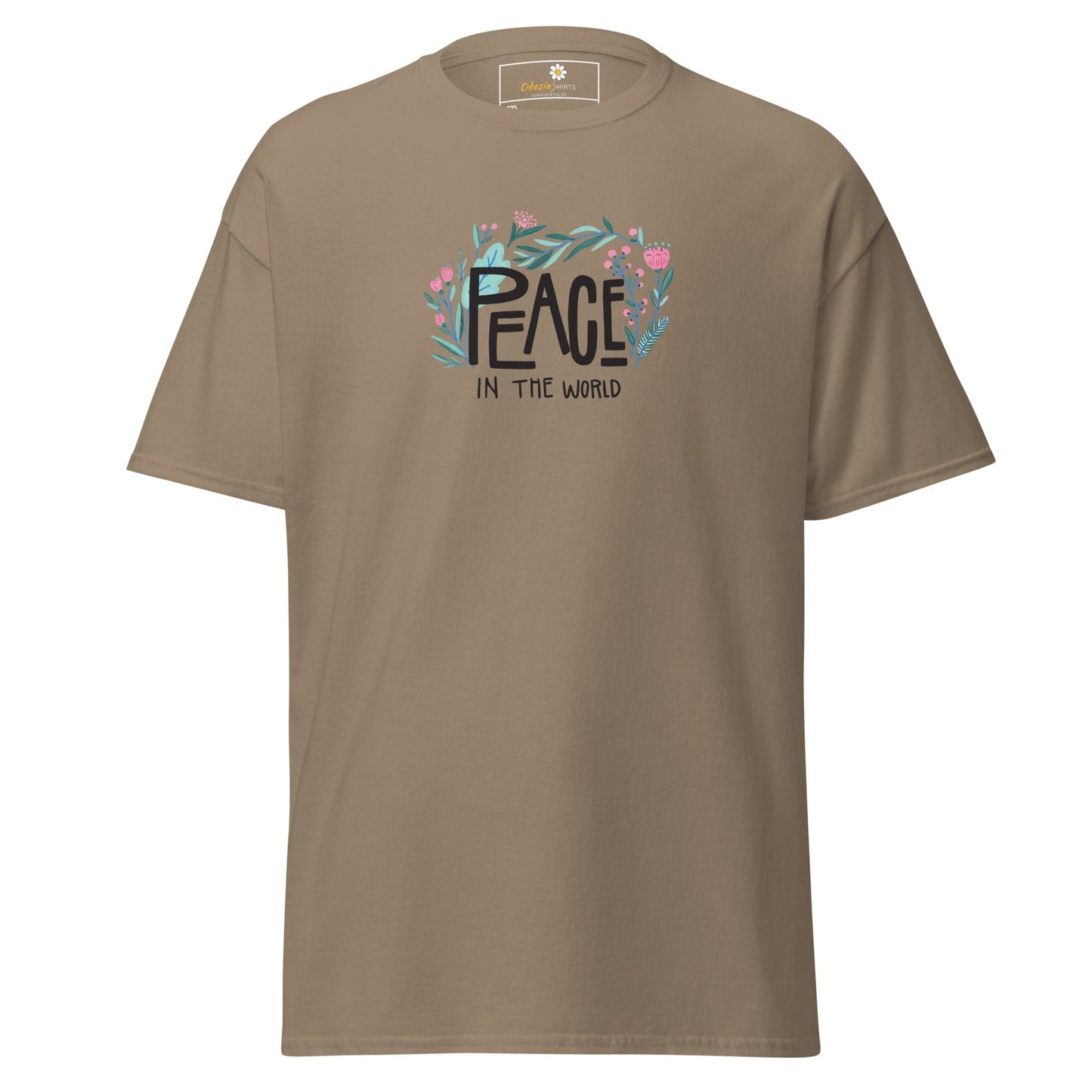 Khaki T-shirt featuring Peace in the World graphic for Men and Women in 2XL to 5XL size