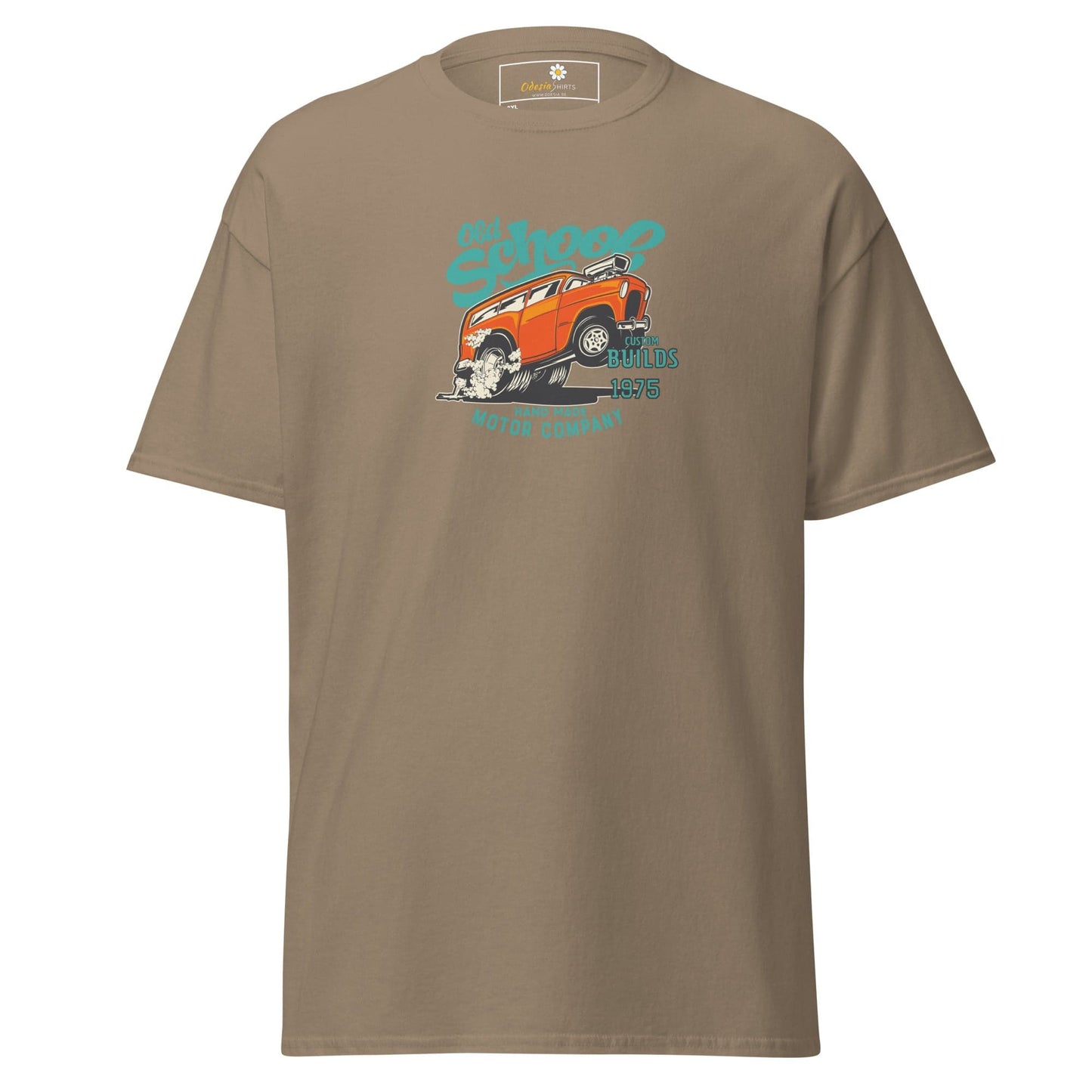 Khaki-colored t-shirt with a car graphic.