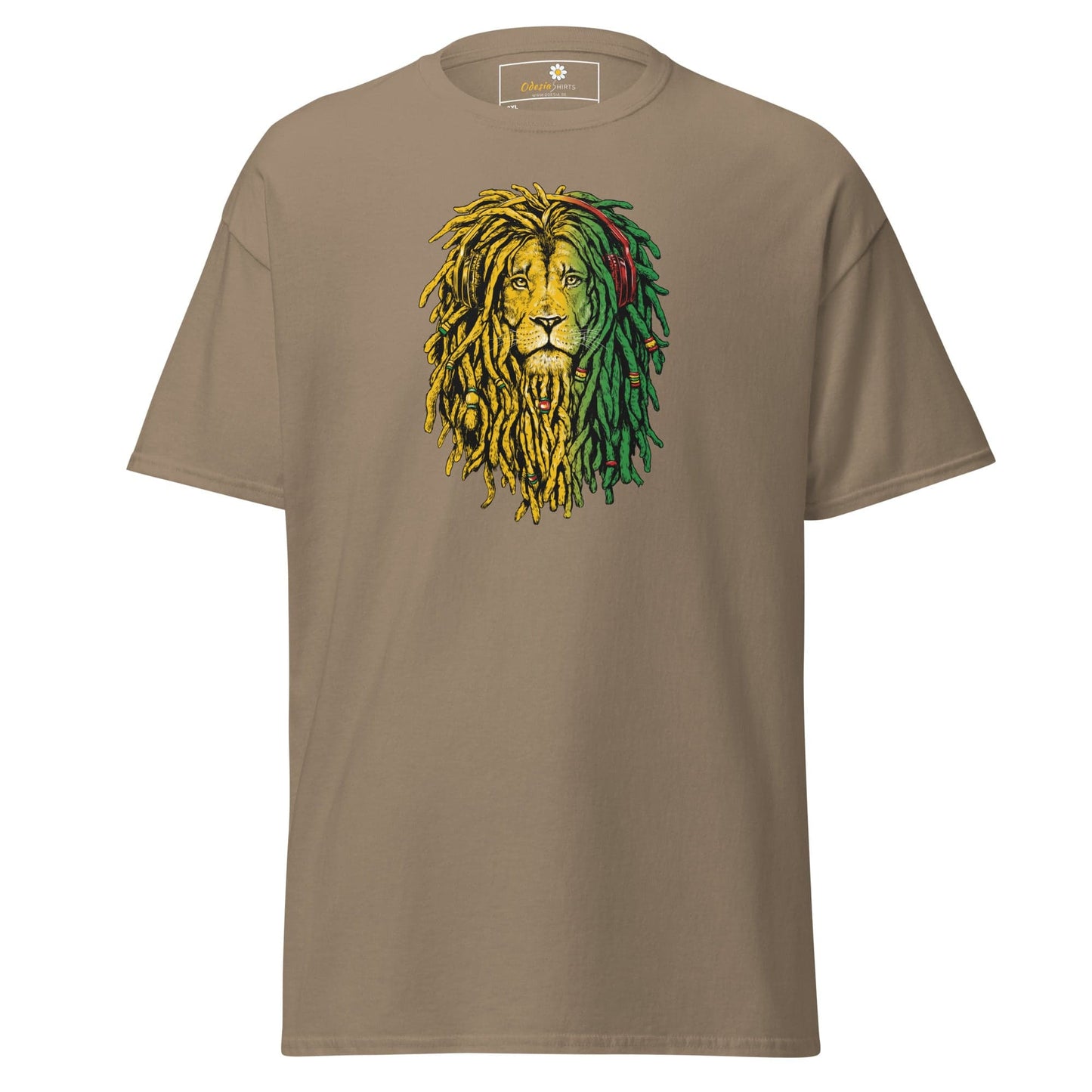 Taupe t-shirt with lion graphic.