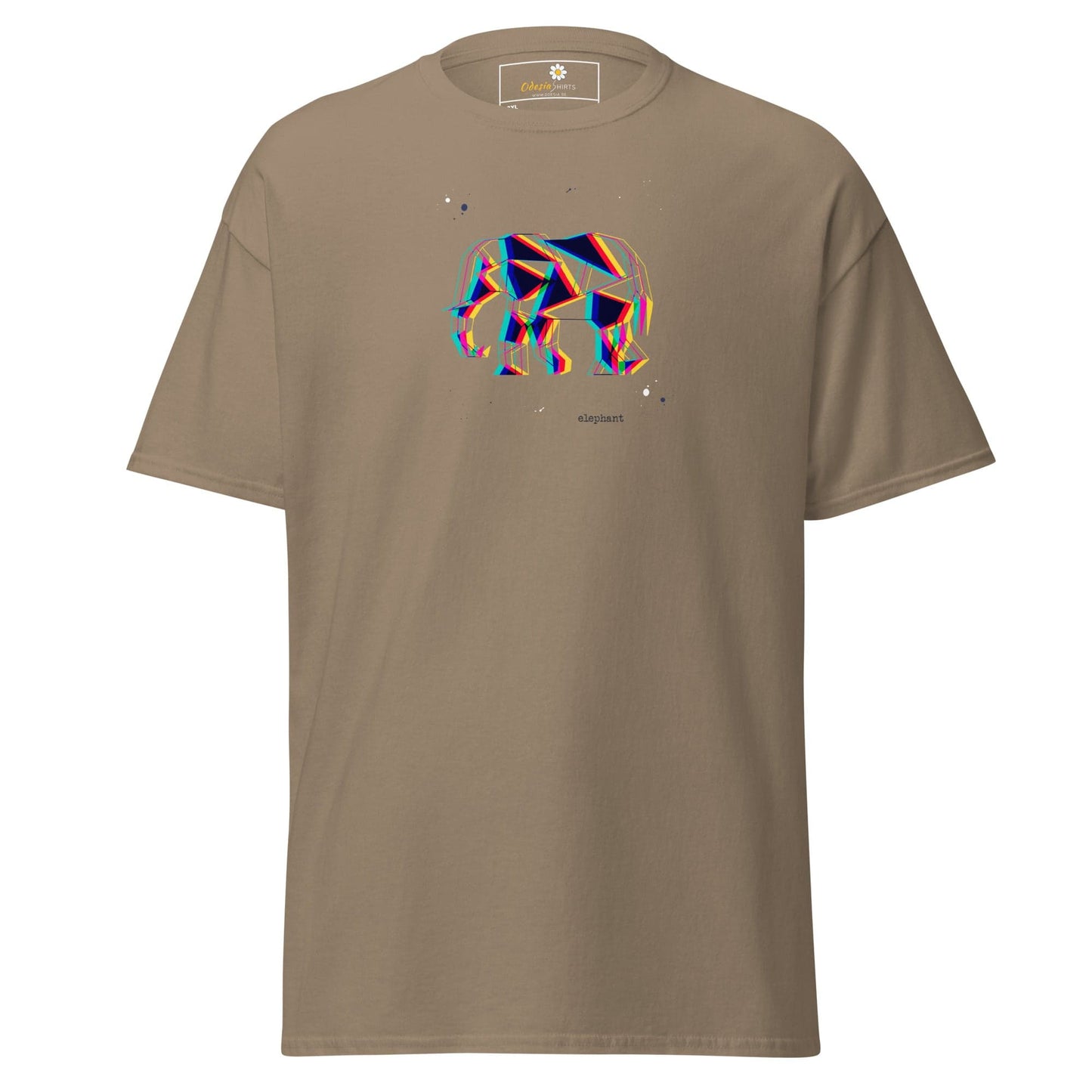 Khaki t-shirt with geometric elephant design.