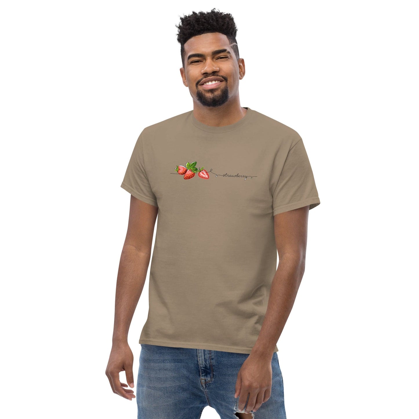 Khaki t-shirt with strawberry design.