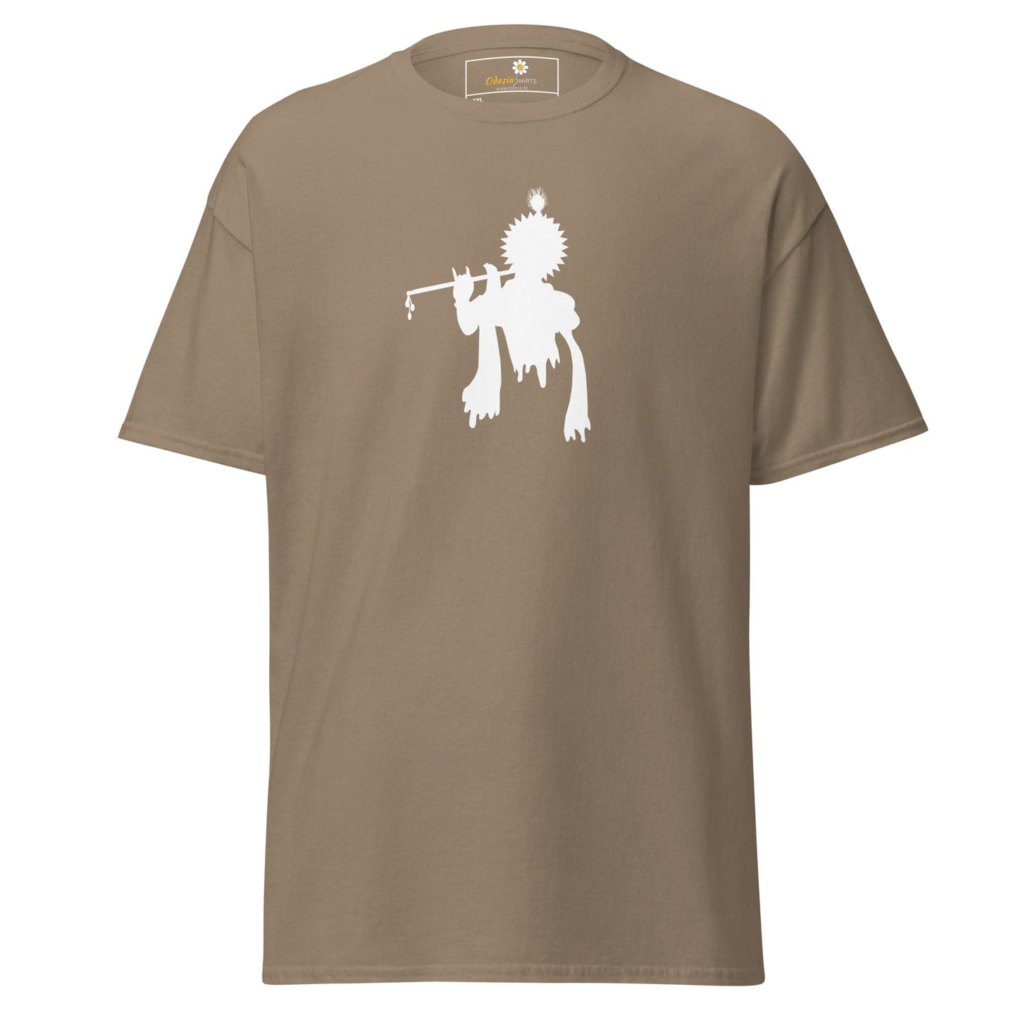 Khaki T-shirt with white Krishna graphic for men and women available in 2XL to 5XL