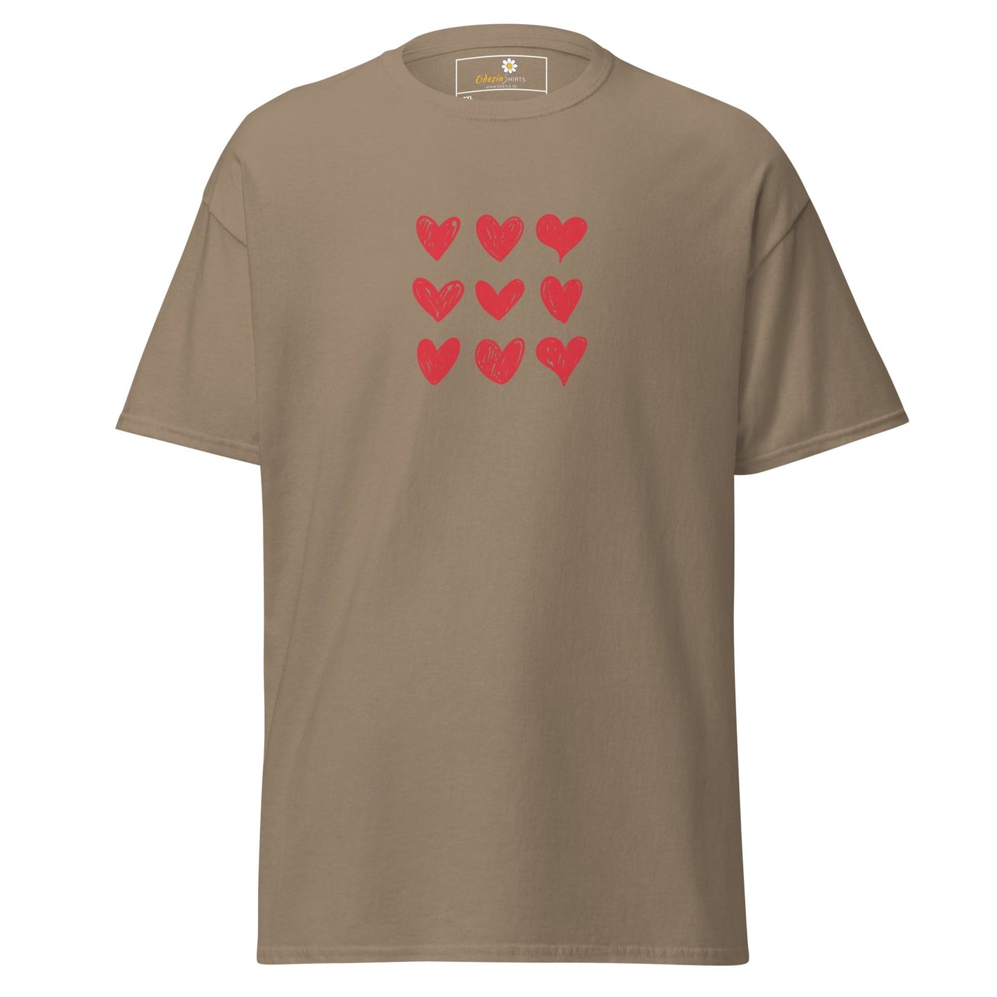 Khaki t-shirt with red hearts.