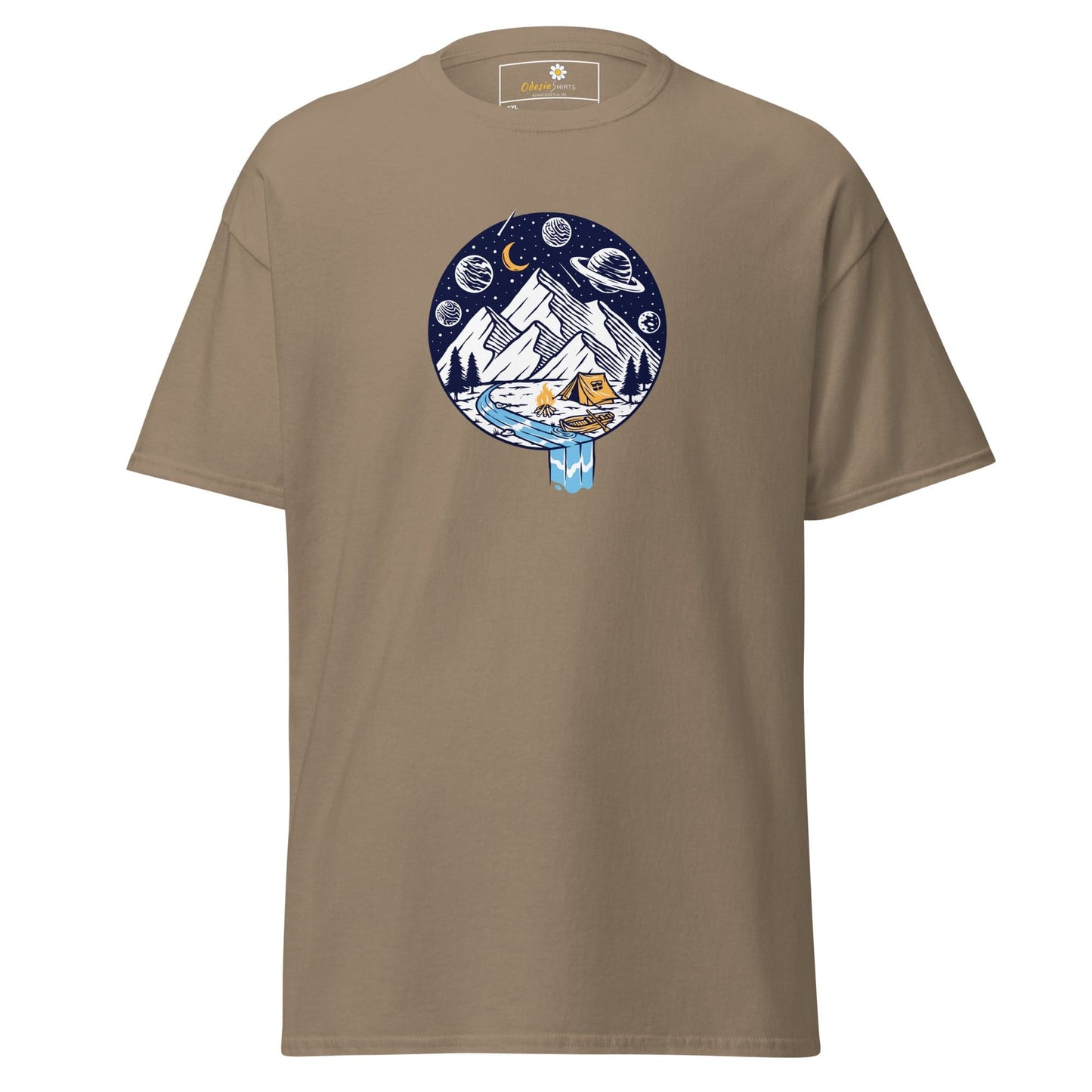 Khaki t-shirt with a circular mountain and space graphic.