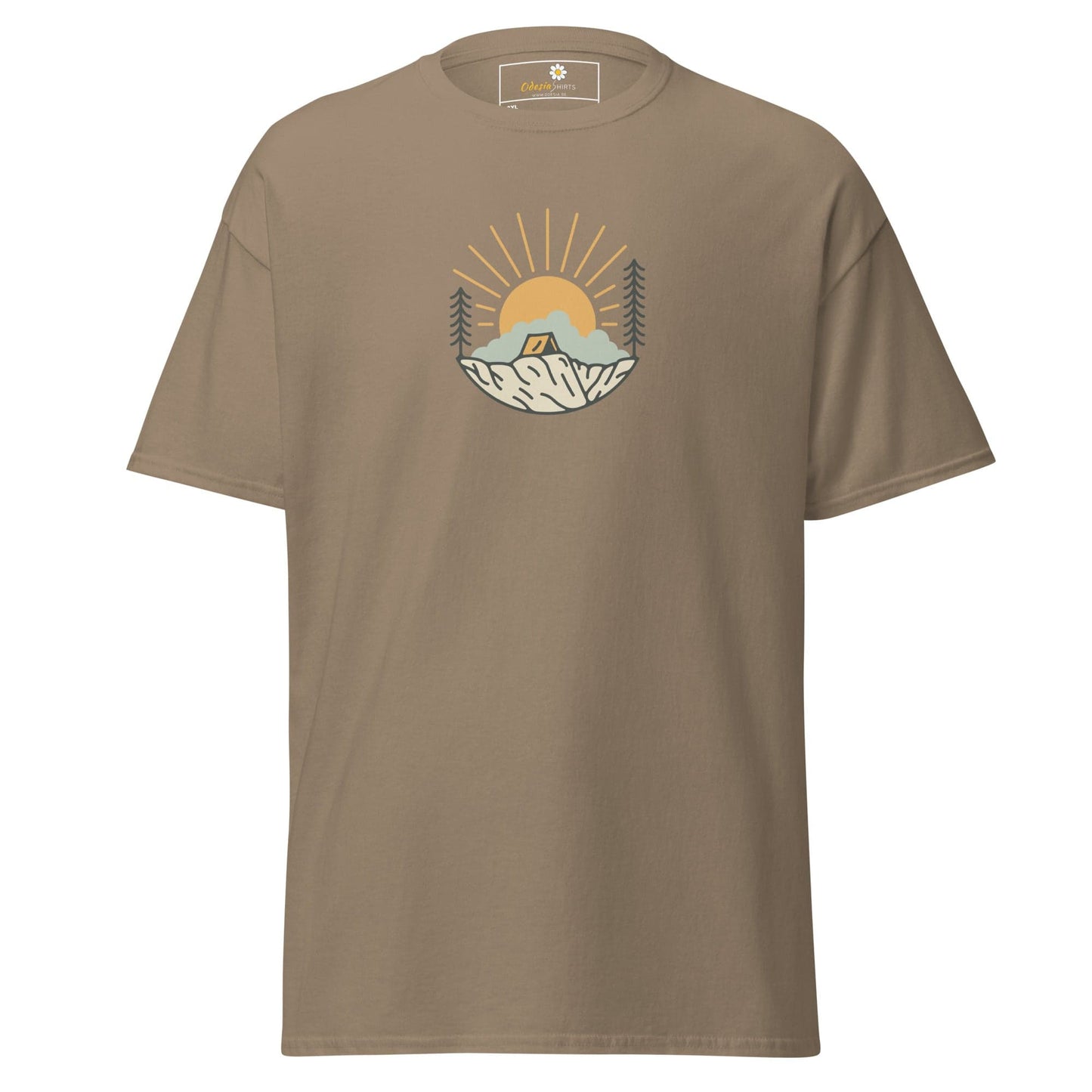 Khaki t-shirt with camping graphic.