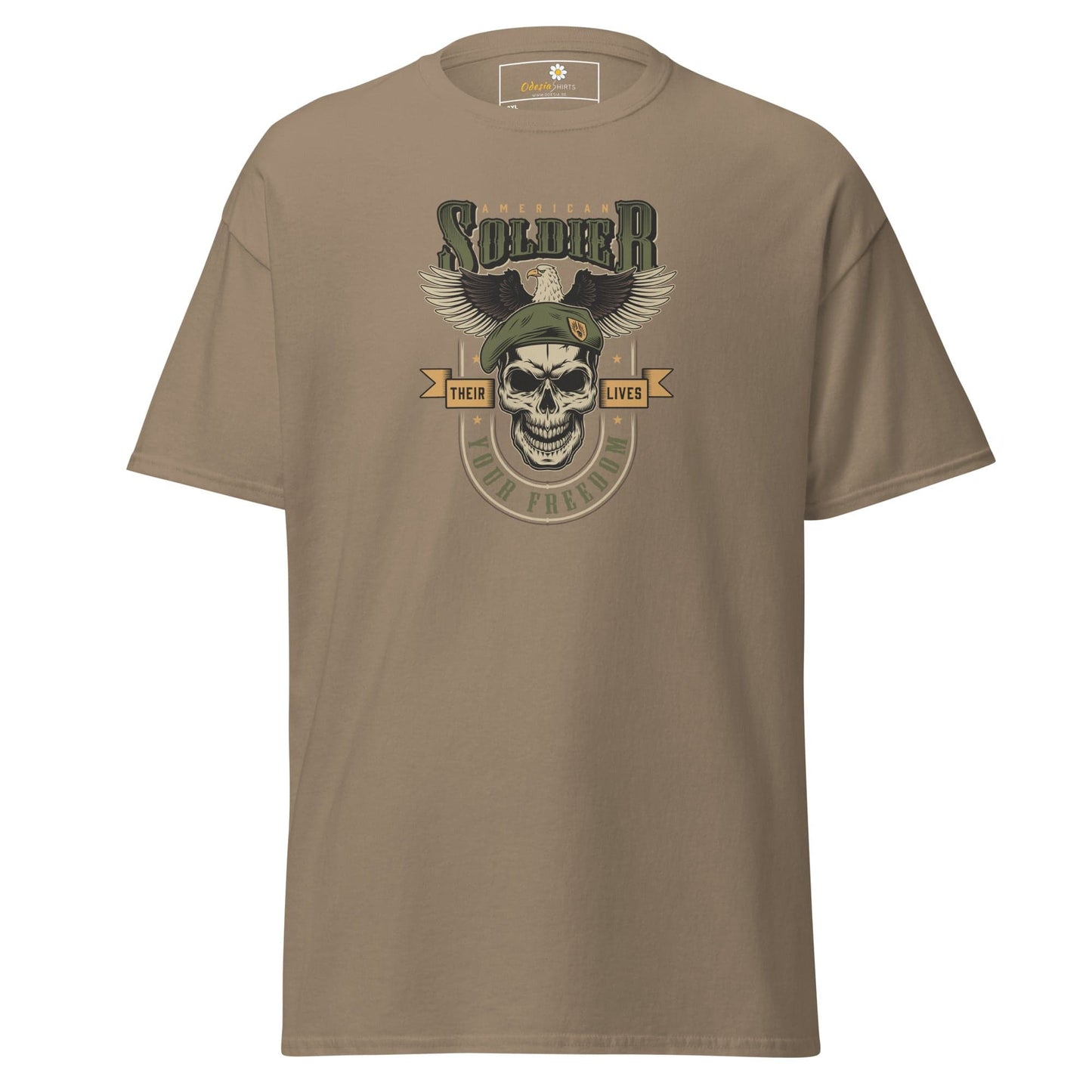 Khaki T-shirt with soldier skull graphic for men and women in size 2XL to 5XL