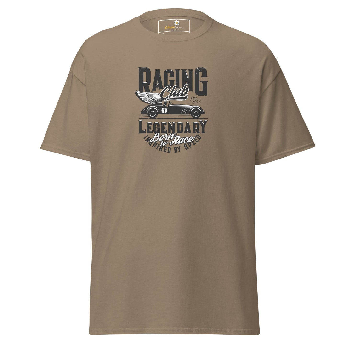 Khaki t-shirt with racing car graphic.