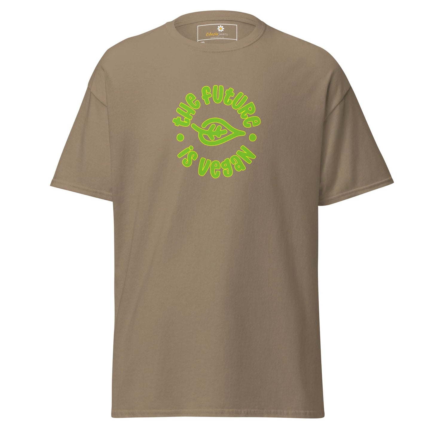 Khaki t-shirt with vegan slogan.