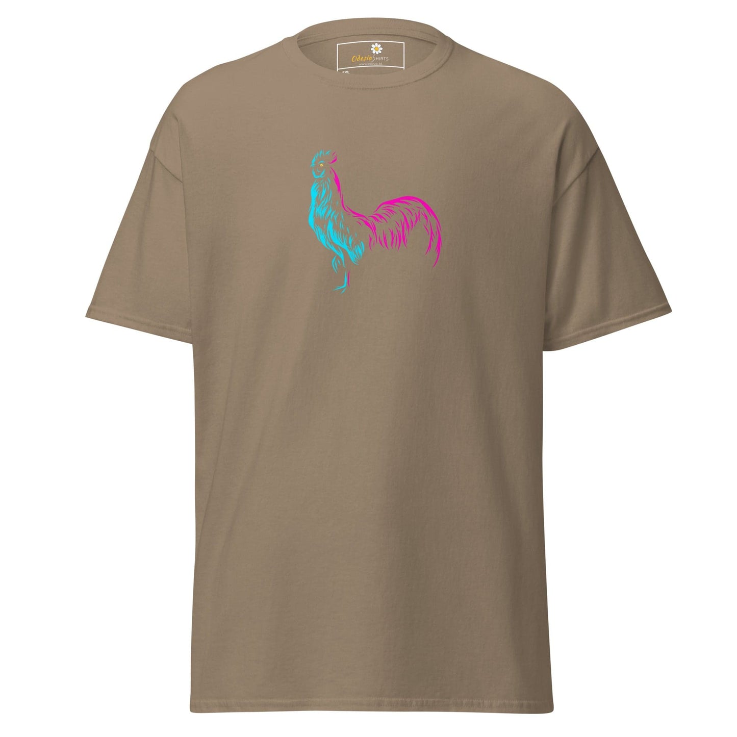 Khaki T-shirt with a rooster design, suitable for men and women, available in 2XL to 5XL