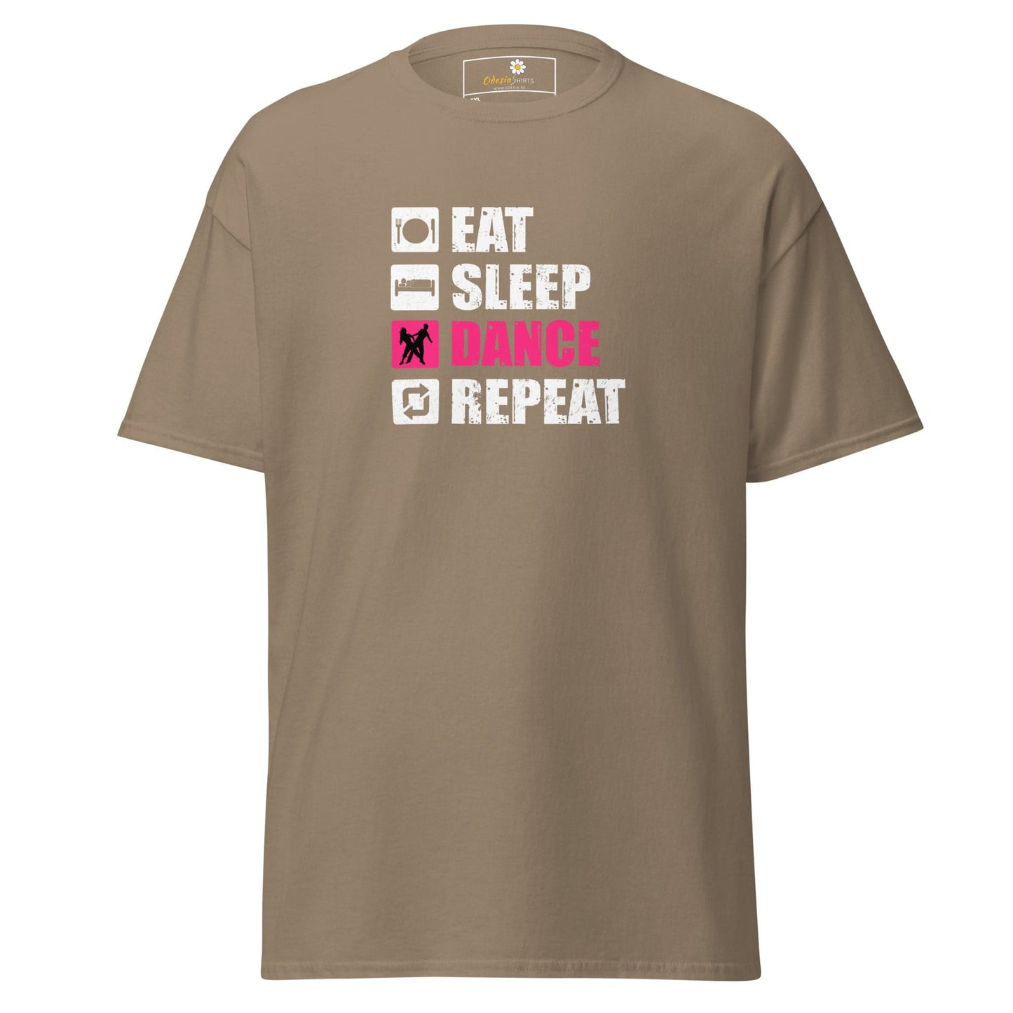 Khaki t-shirt with ’Eat Sleep Dance Repeat’ graphic.