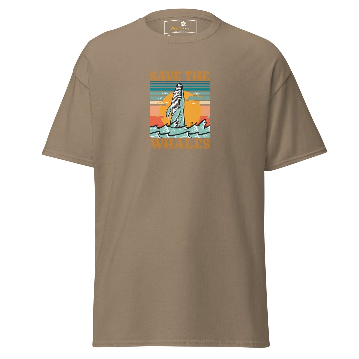 Khaki-colored T-shirt with whale graphic for men and women in 2XL to 5XL sizes