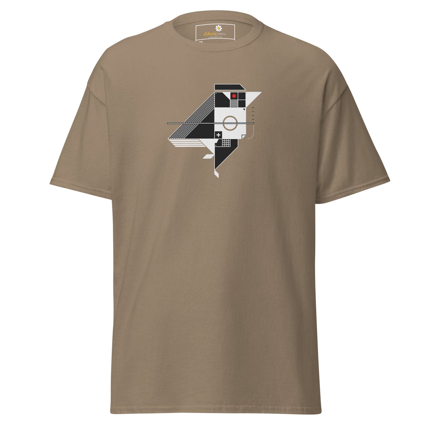 Khaki t-shirt with geometric bird design.