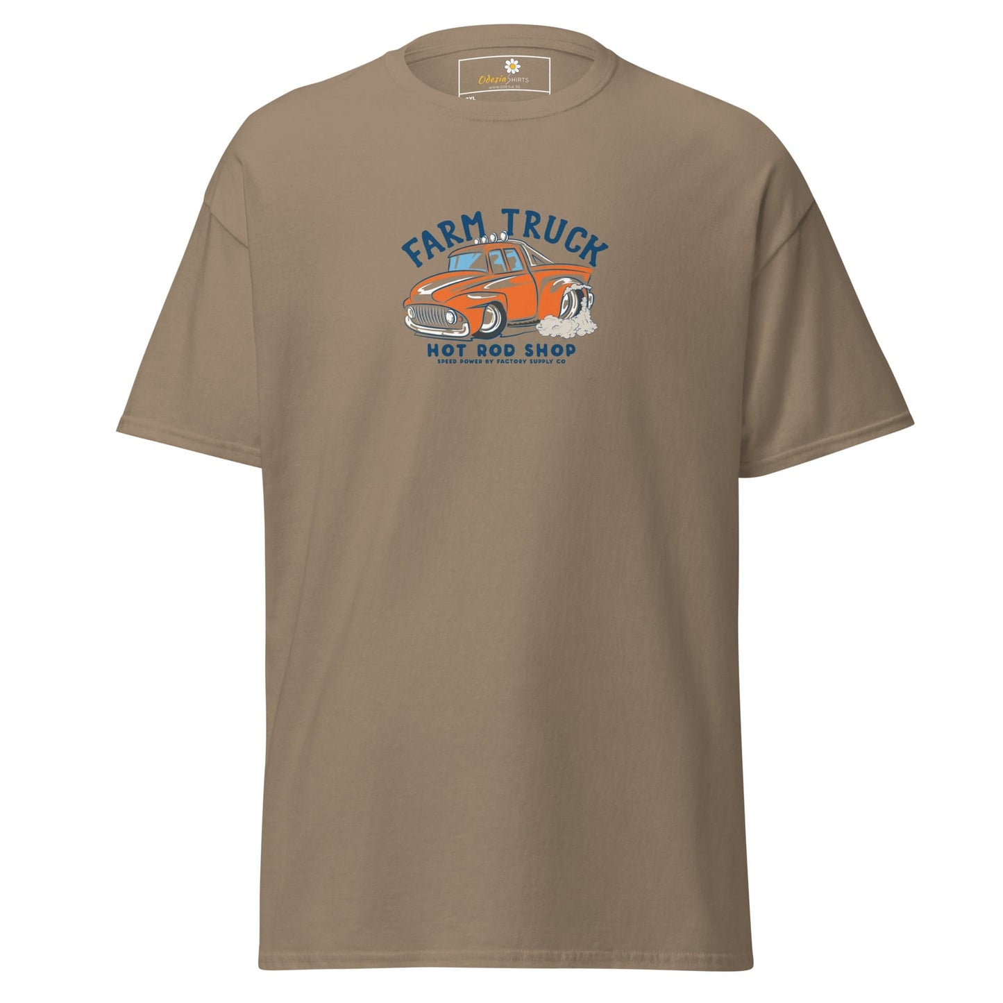 Khaki t-shirt with truck graphic.