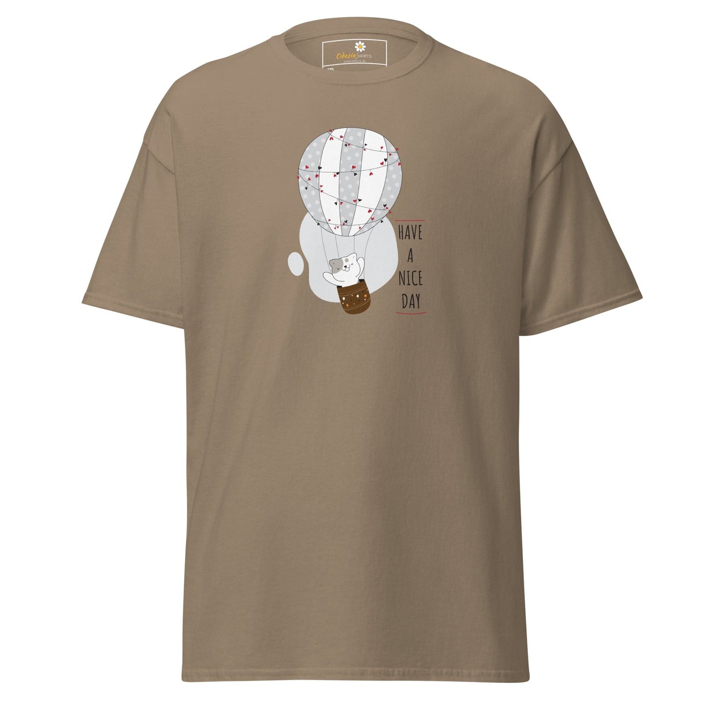Khaki T-shirt with cartoon balloon graphic for men and women in 2XL to 5XL sizes
