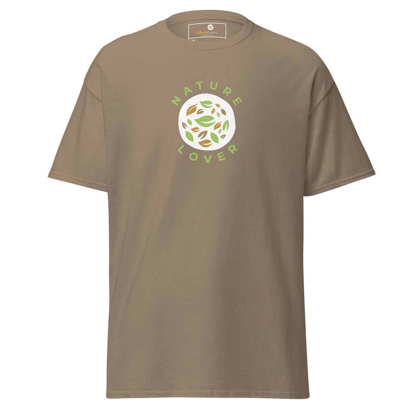Khaki t-shirt with nature-themed graphic.