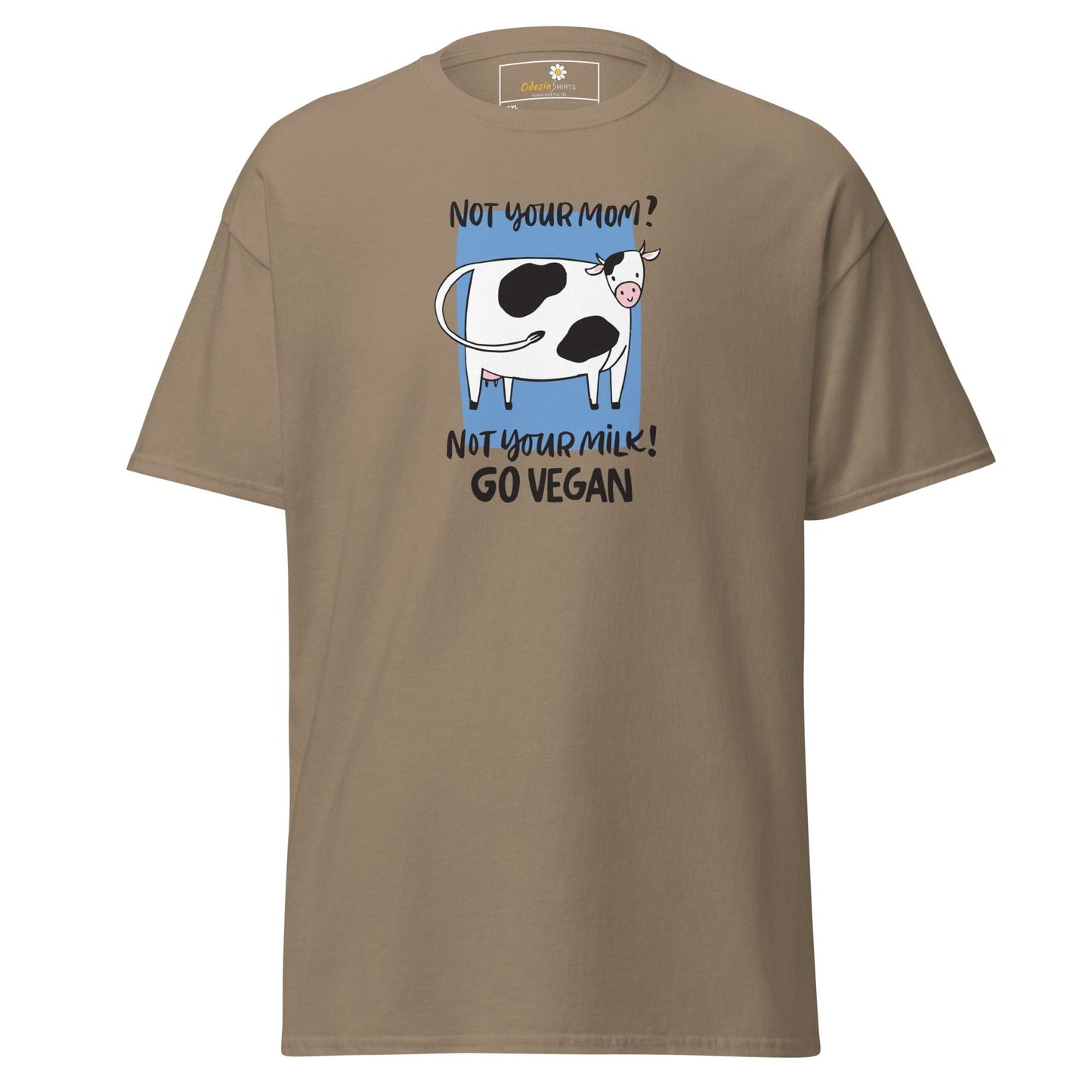 Taupe t-shirt with cow graphic.