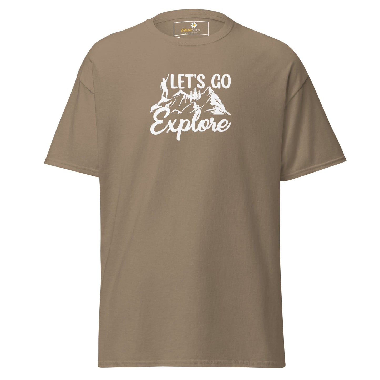 Khaki t-shirt with Let’s Go Explore graphic in men’s and women’s sizes from 2XL to 5XL