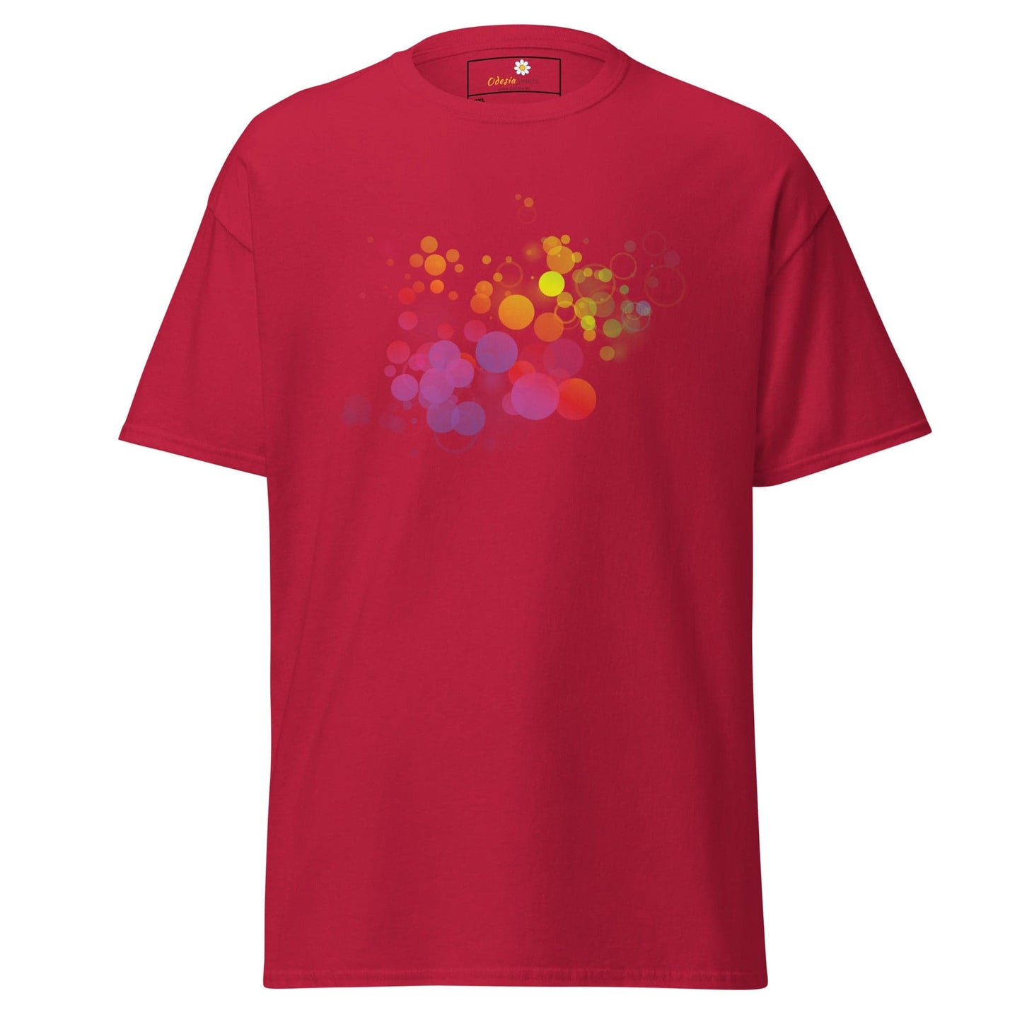 Red T-shirt with colorful circle design, available in men’s and women’s sizes 2XL to 5XL