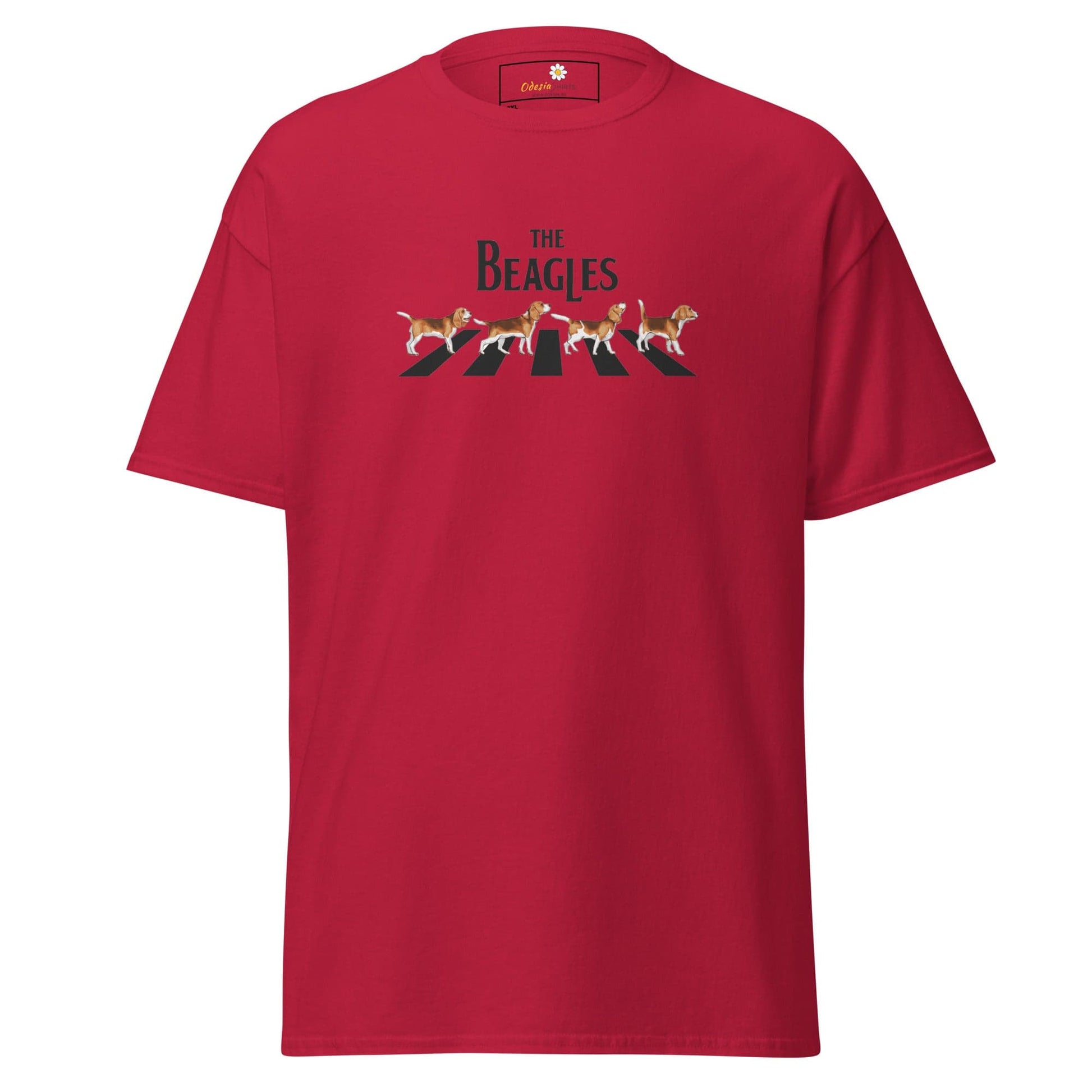 Red t-shirt with ’The Beagles’ graphic.