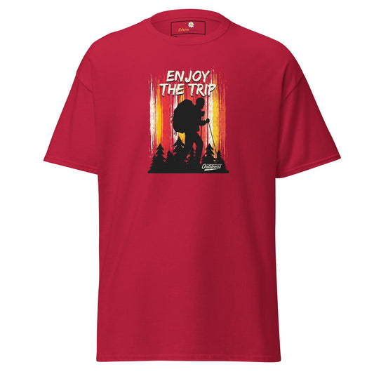 Red t-shirt with hiker graphic.
