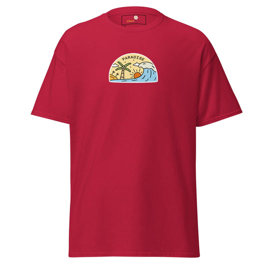 Red t-shirt with paradise graphic.